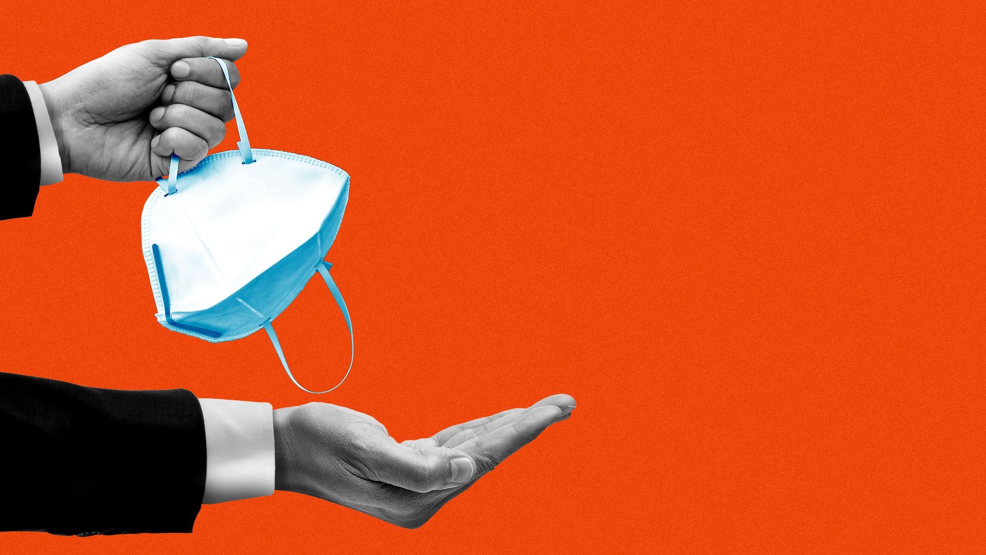 Illustration of a hand holding out a medical mask while the other one is is open and waiting for something in return