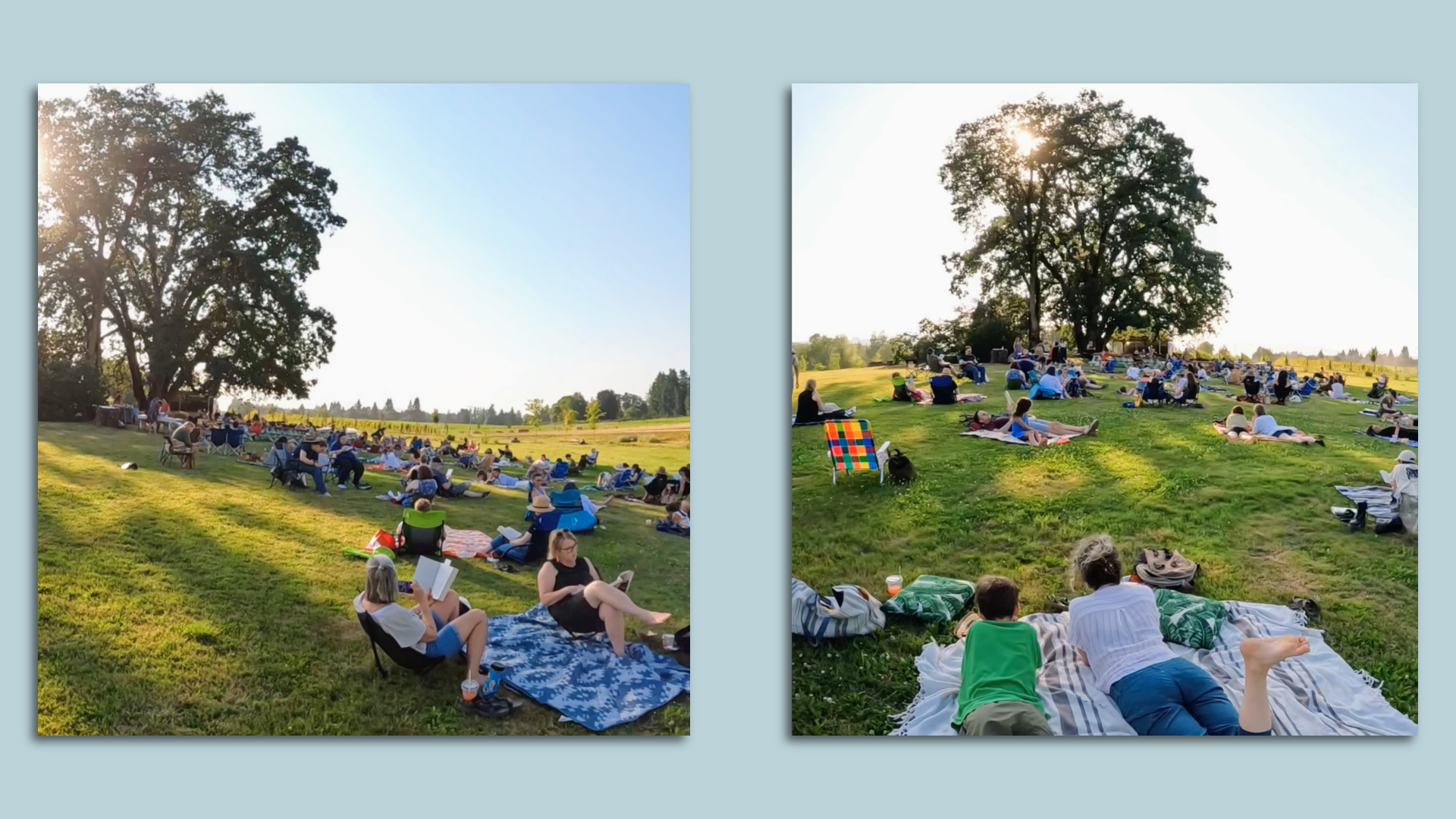 Two photos side by side show people laying on a grassy hill reading books.