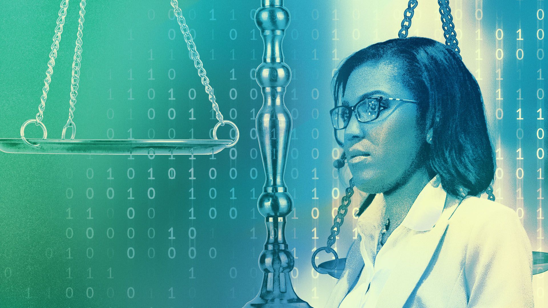 Photo illustration of DeAndrea Salvador presenting at TED2018 with a binary code overlay and a scale in the background