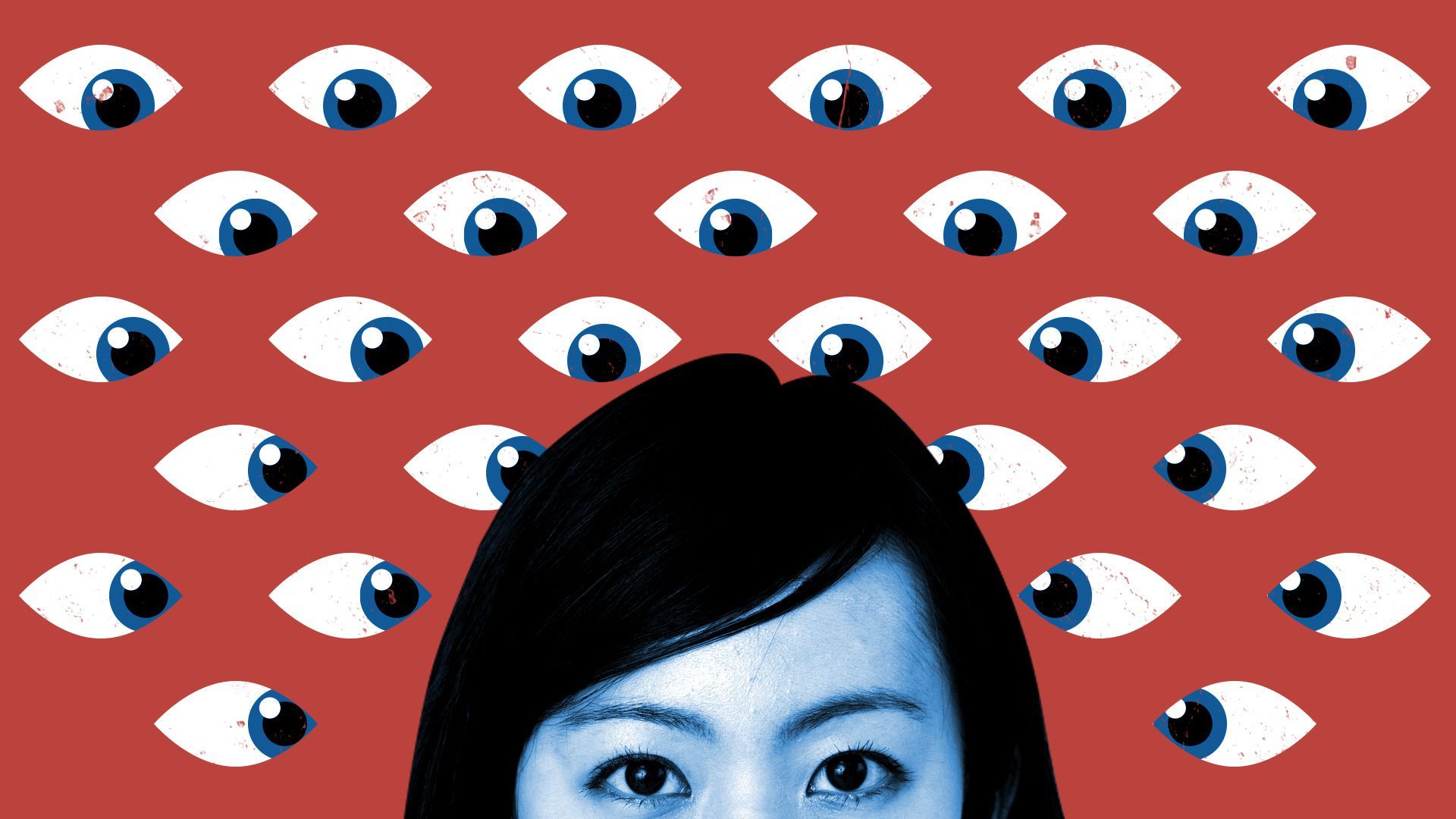 Illustration of an Asian person being watched by a wall of eyes.