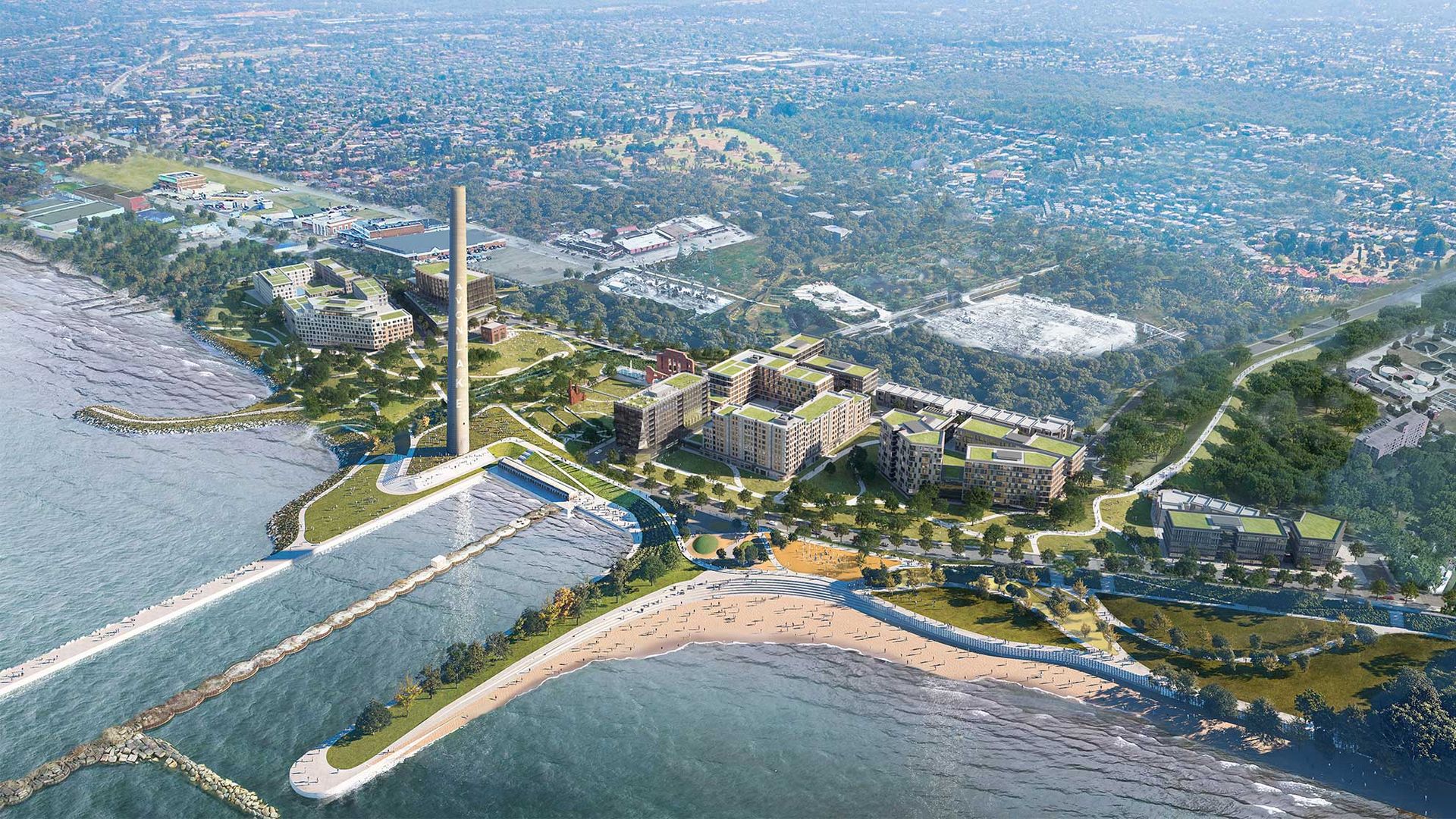 Architectural rendering of a lakefront development 