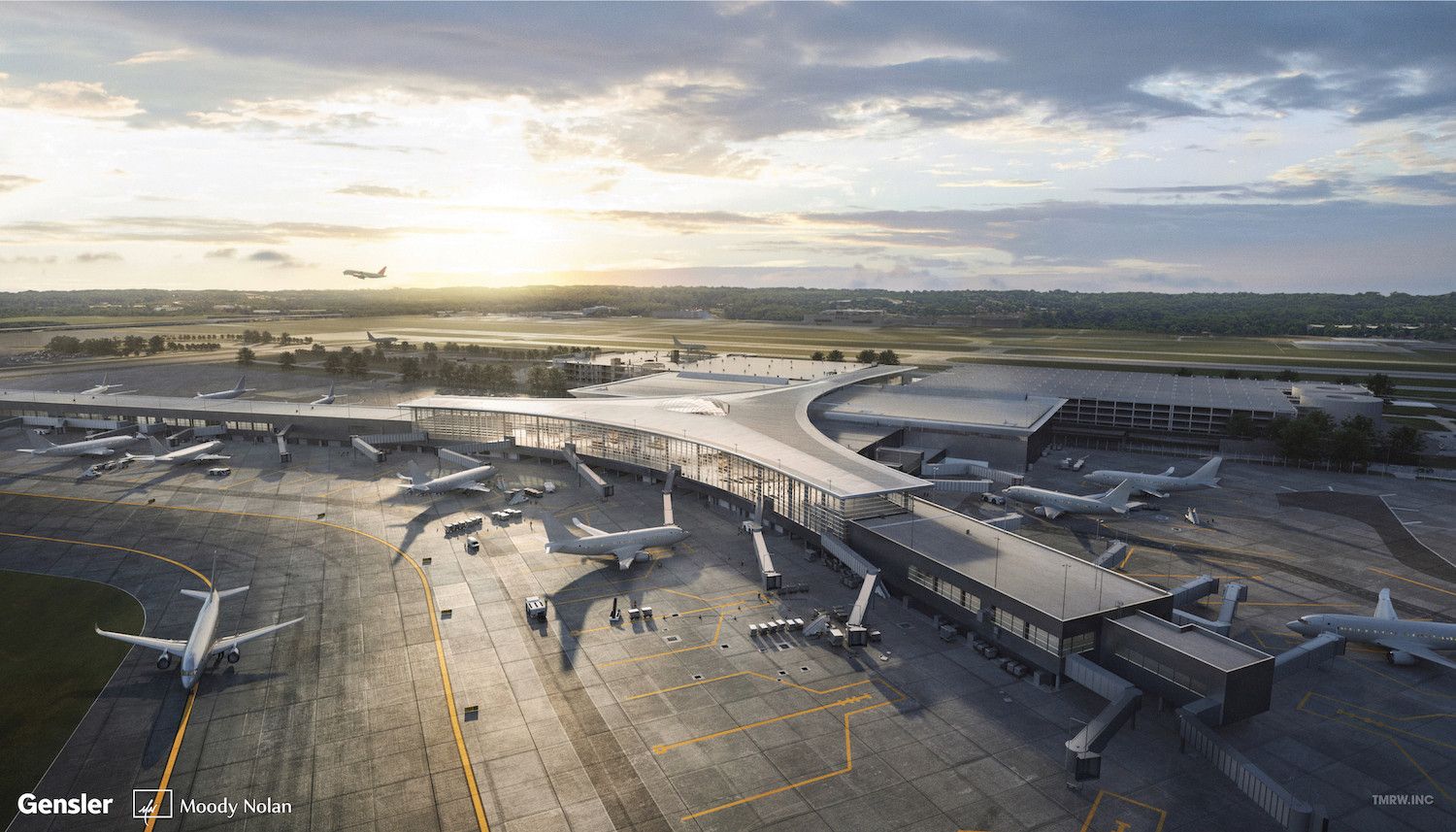 A rendering of the new Columbus airport terminal with plains flying in and out. 