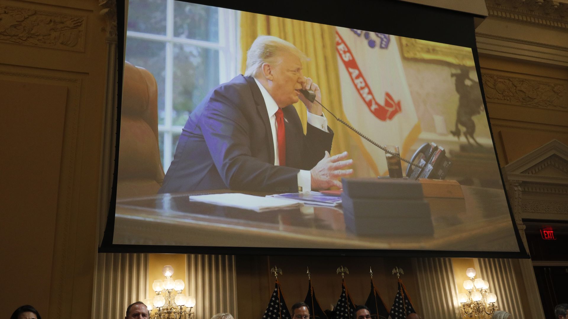 Former President Donald Trump in the Oval Office displayed on a screen during a hearing of the Select Committee to Investigate the January 6th Attack.