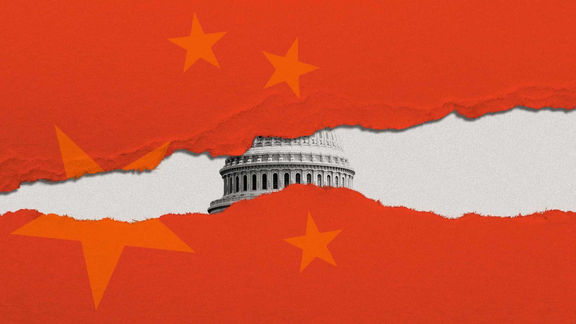 Illustration of US Capitol Building through torn China flag