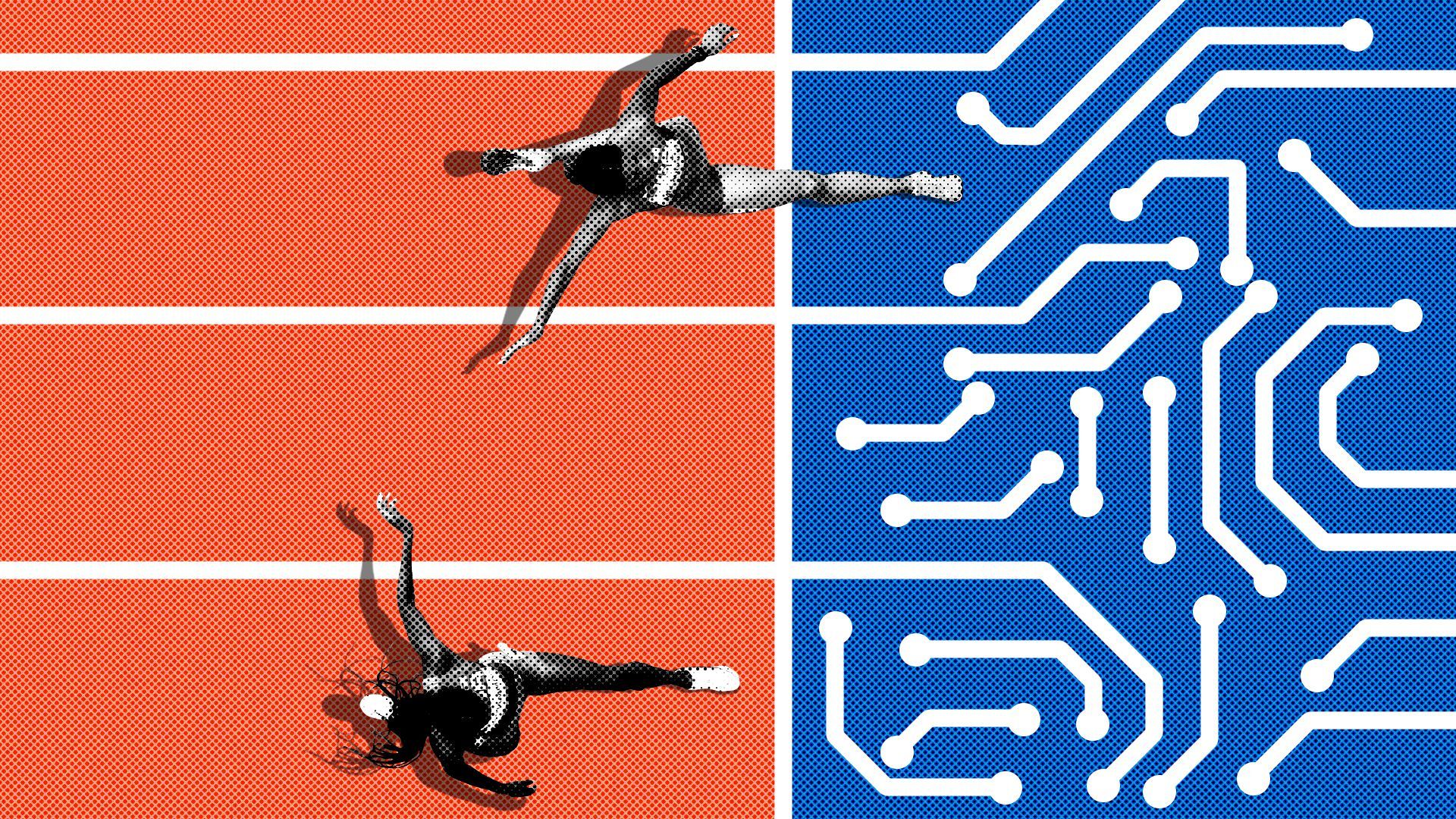Photo illustration of two runners approaching the finish line, as the lanes become a circuit pattern.