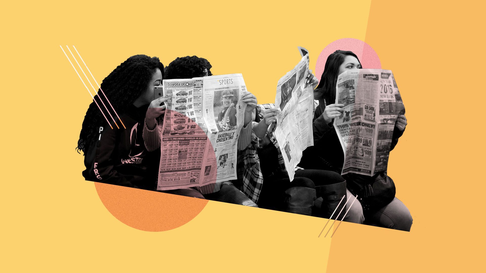 Photo illustration of students holding up newspapers