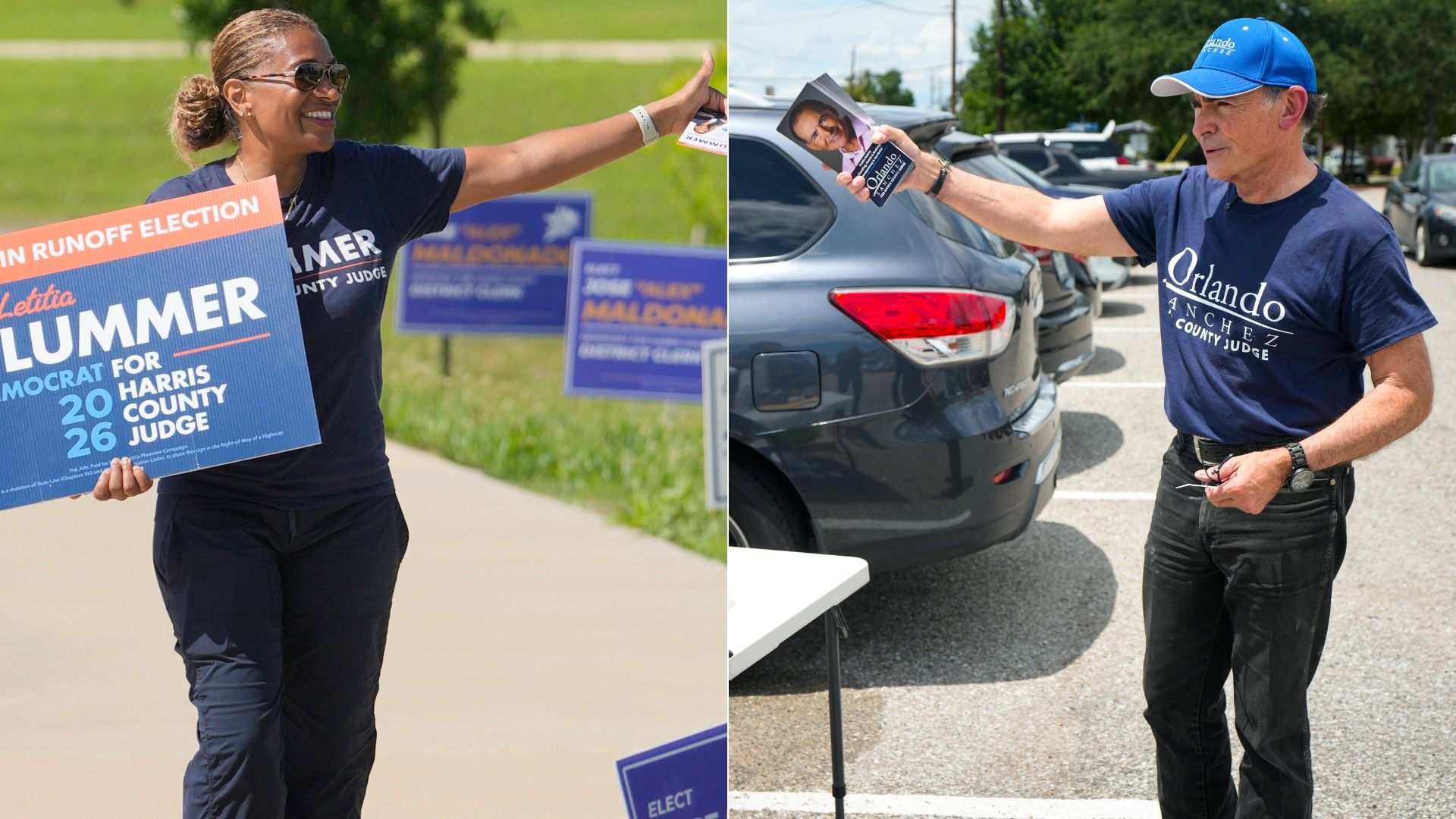 Split image of candidates: left, smiling woman with sunglasses extends her arm to hand a flyer, beside a large blue/orange campaign sign. Right, man in blue cap/shirt hands a flyer to a driver in a parking lot.