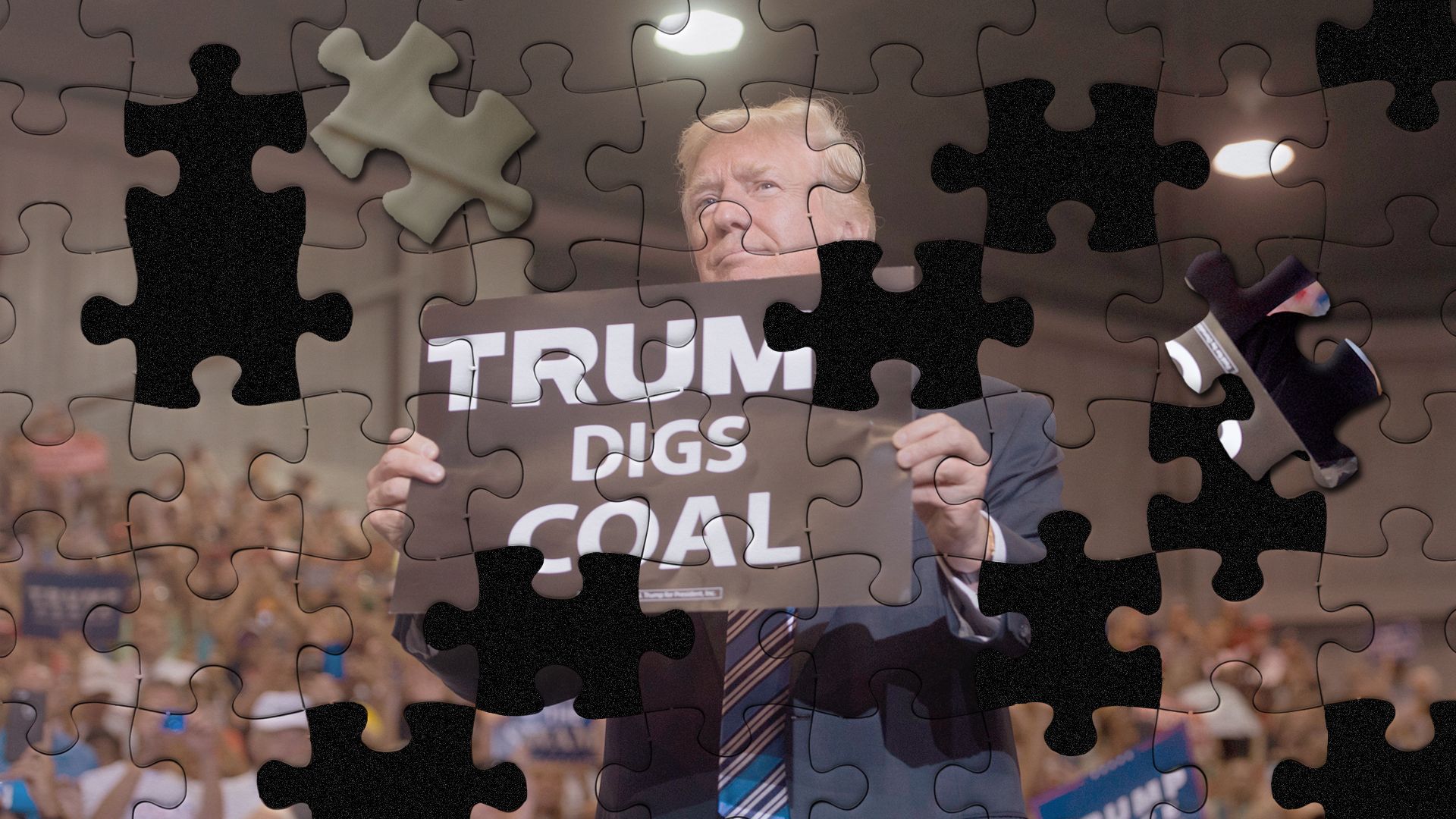 Illustration of incomplete puzzle of President Trump at a West Virginia pro-coal rally