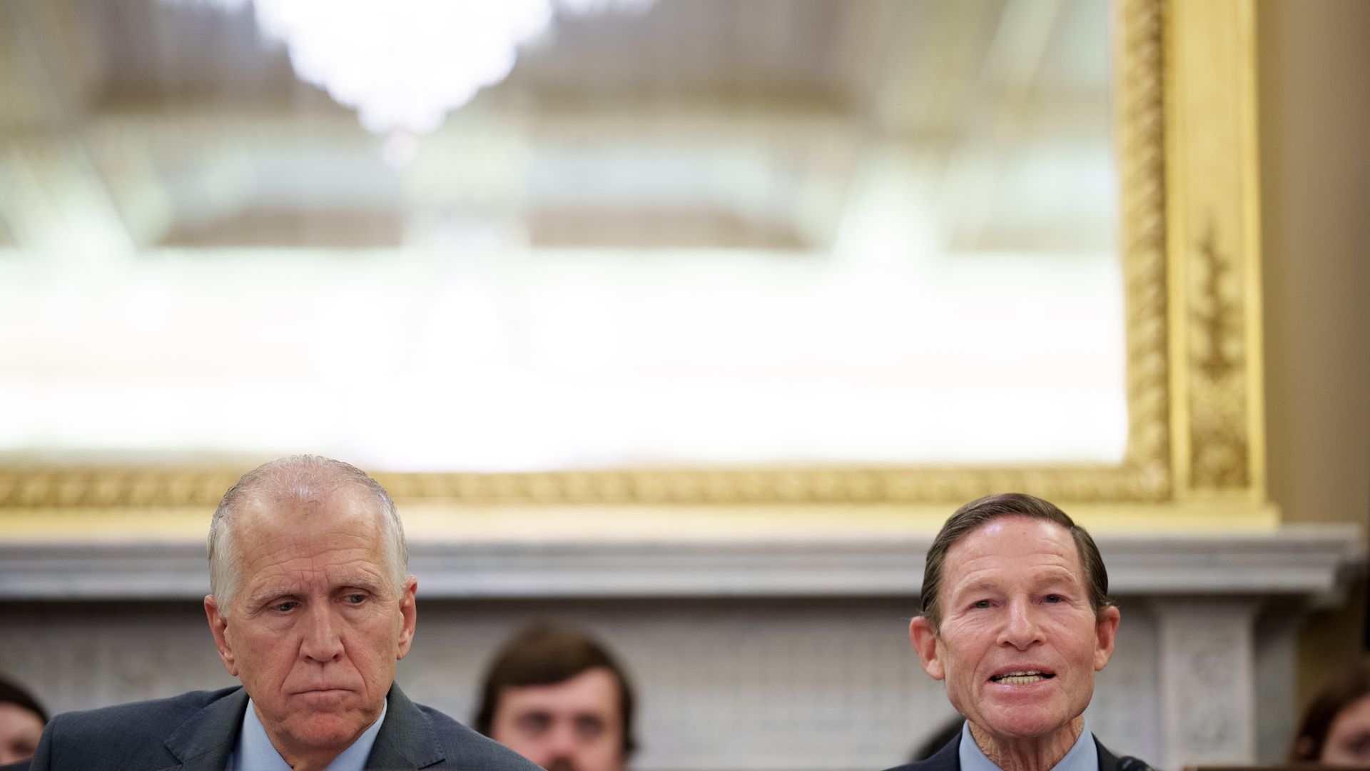 Sens. Thom Tillis (R-N.C.) and Richard Blumenthal (D-Conn.) appear at a committee hearing in February 2025.