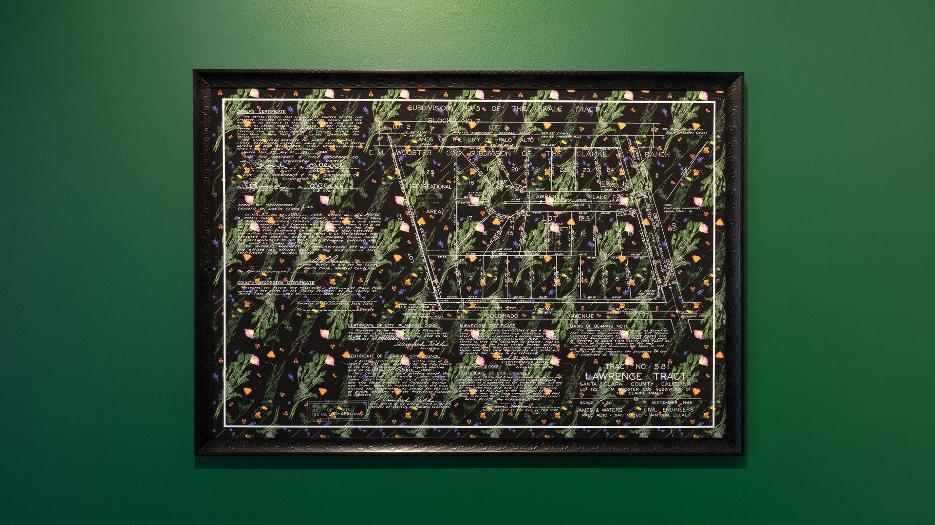 Photo of a piece of artwork tracing a map of the Lawrence Tract and flowers