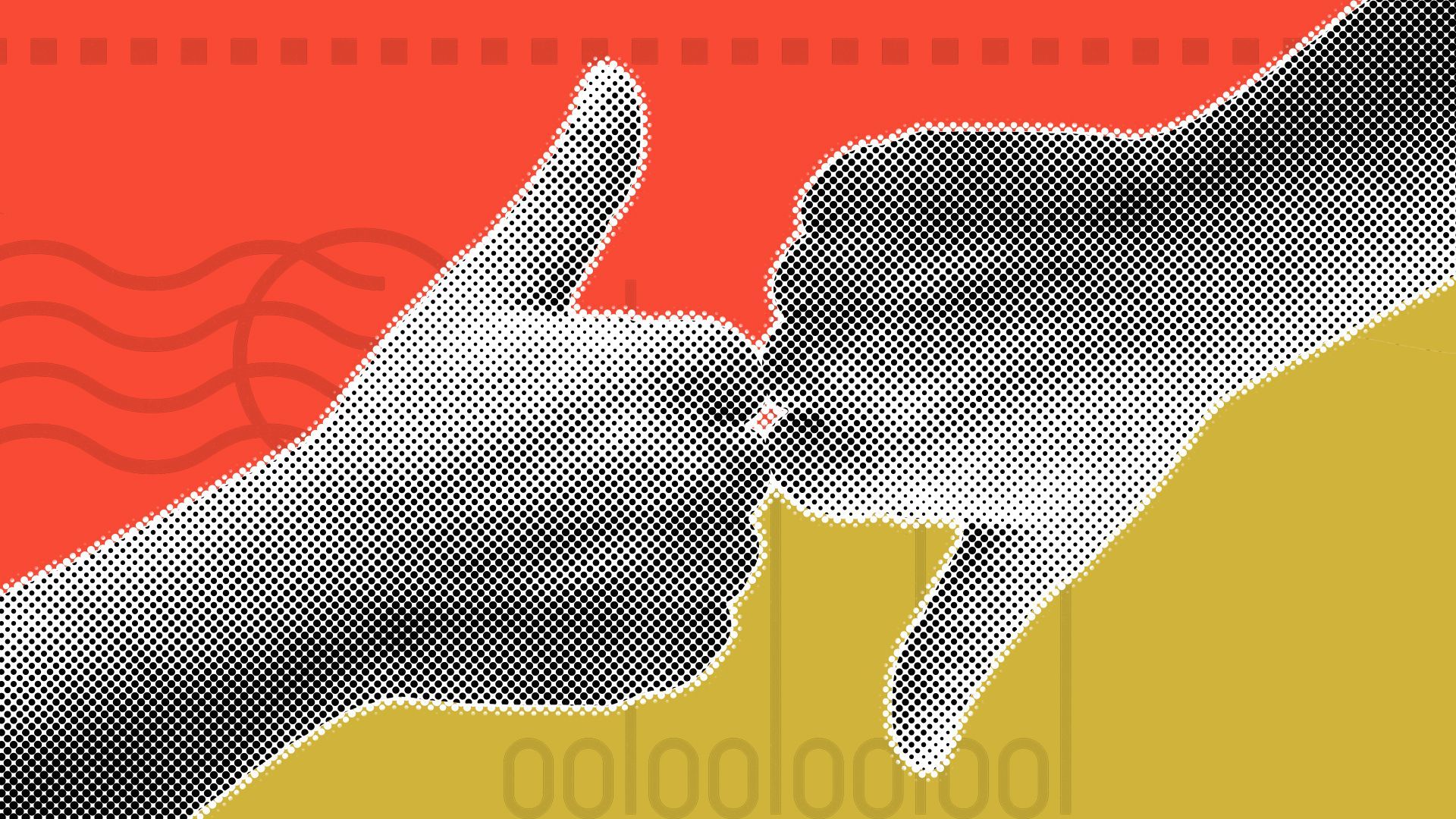 Illustration of a thumbs up and a thumbs down with ballot elements in the background.