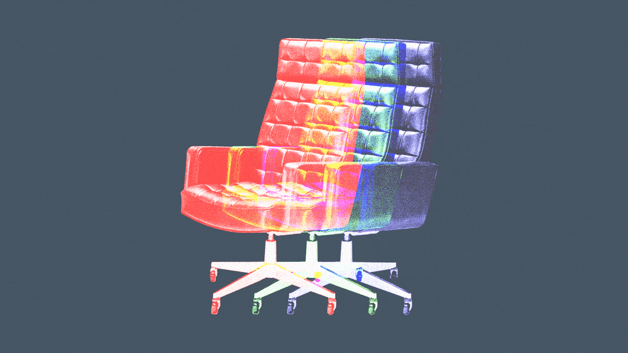 Illustration of a boardroom chair splitting into three overlapping chairs and reforming into one.