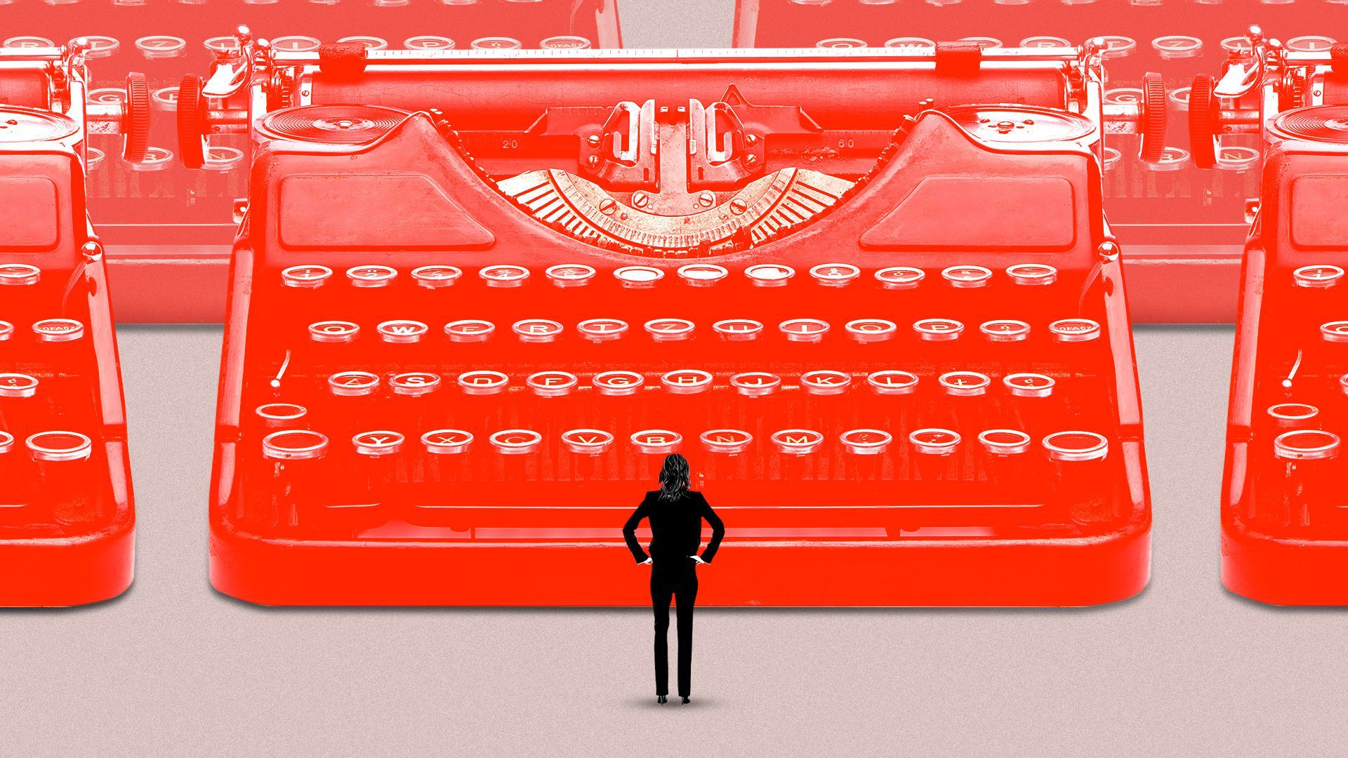 Illustration of a woman in a suit standing with her hands on her hips in front of rows of typewriters. 