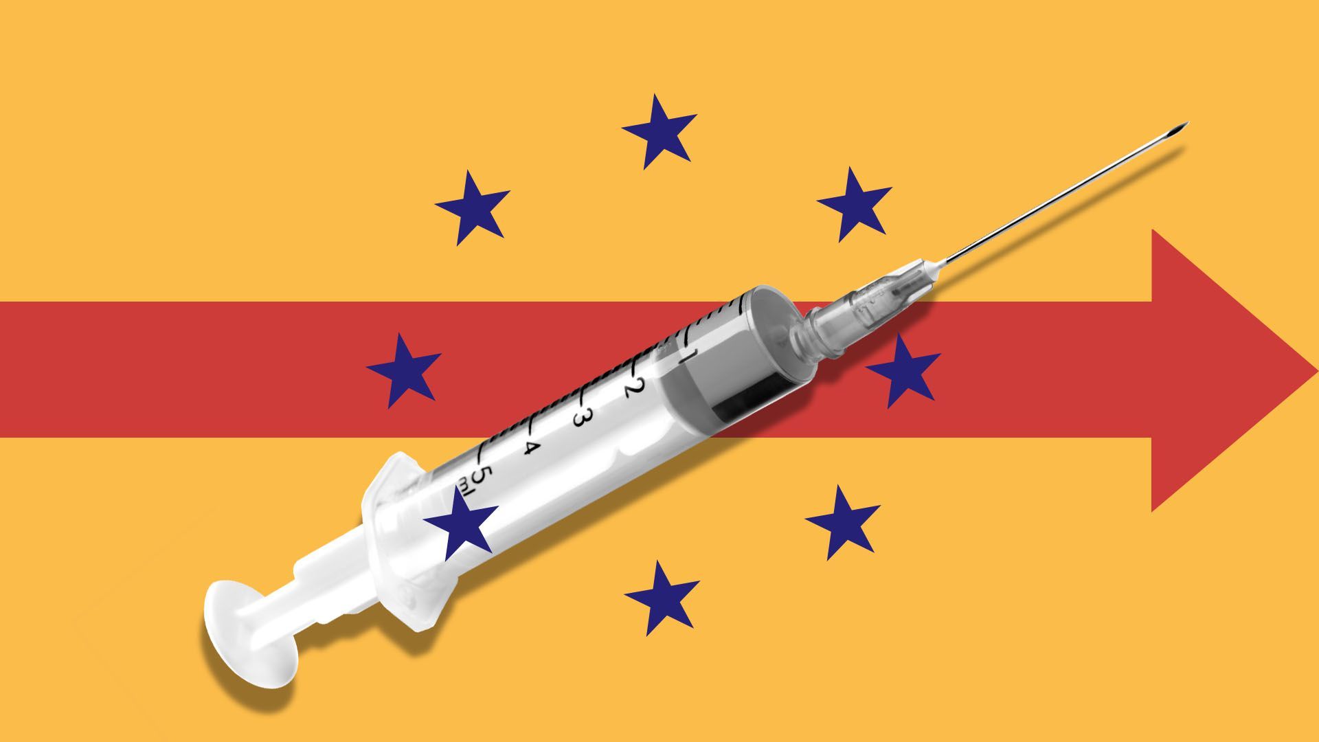 Illustration of flag elements including an arrow and stars with a syringe laid overtop.