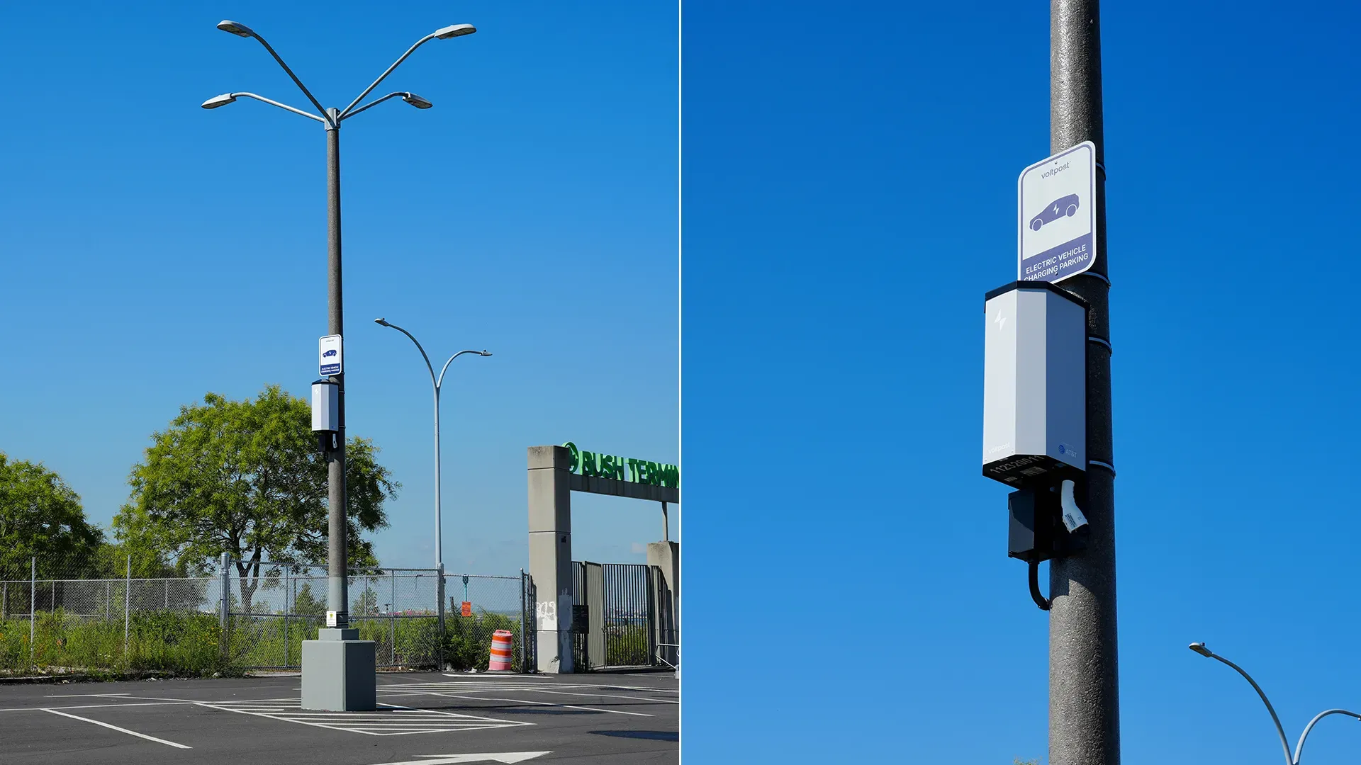 An electric vehicle charger embedded in a streetlight in Brooklyn, NY