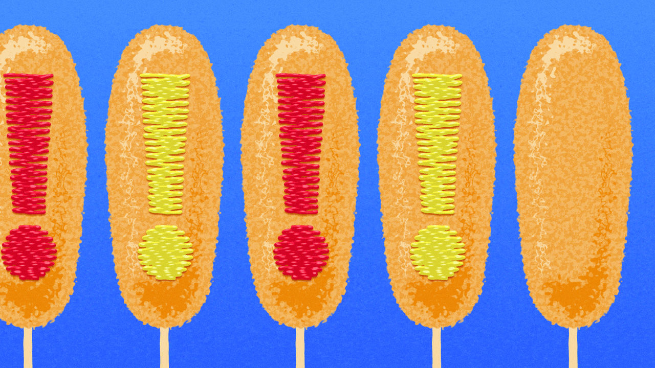 Animated illustration of Korean corn dogs. An exclamation point made of sauce is drizzled onto the corn dog, then it moves to the left to make room for the next one.