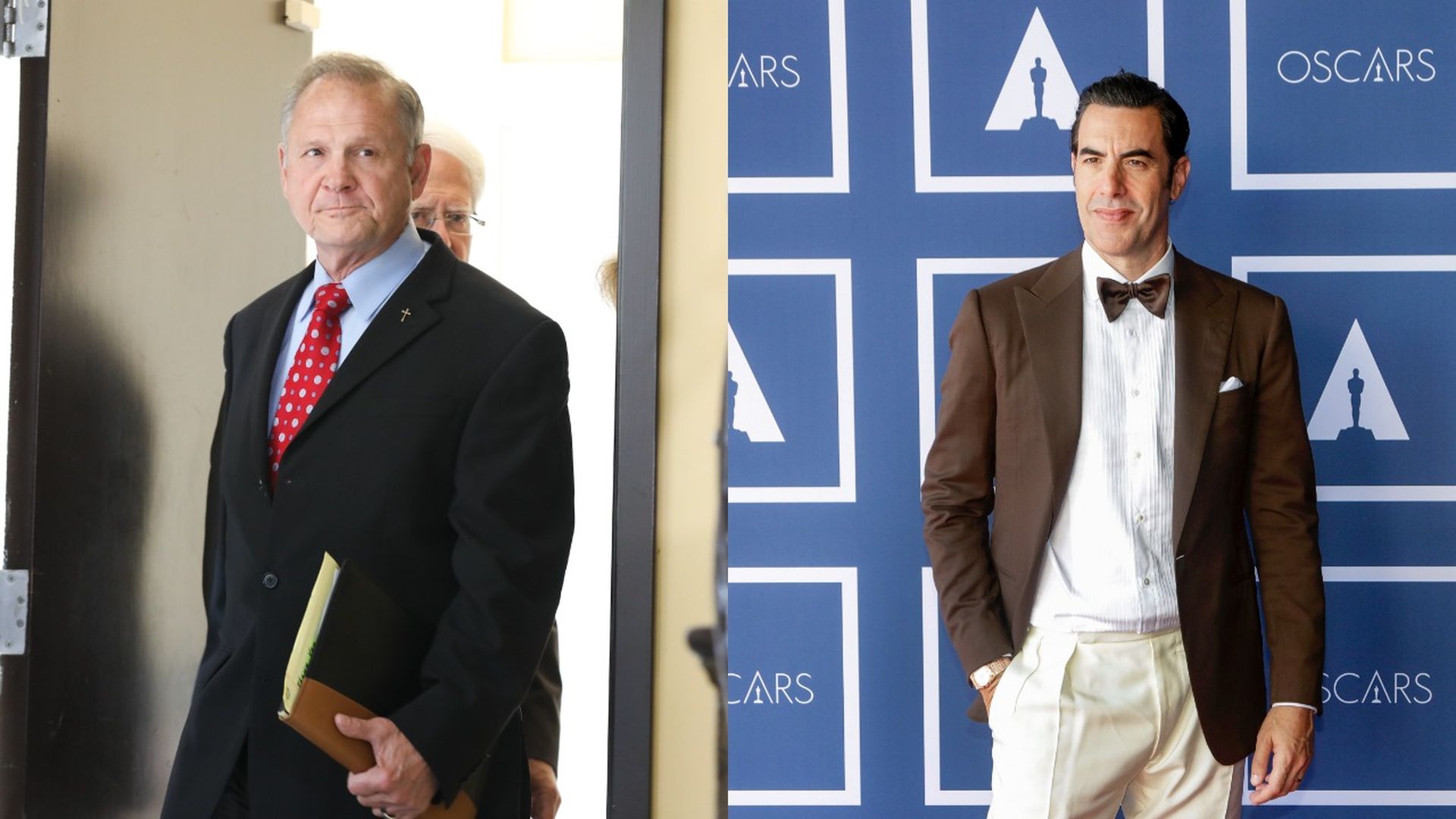 Photo of Roy Moore on the left and Sacha Baron Cohen on the right