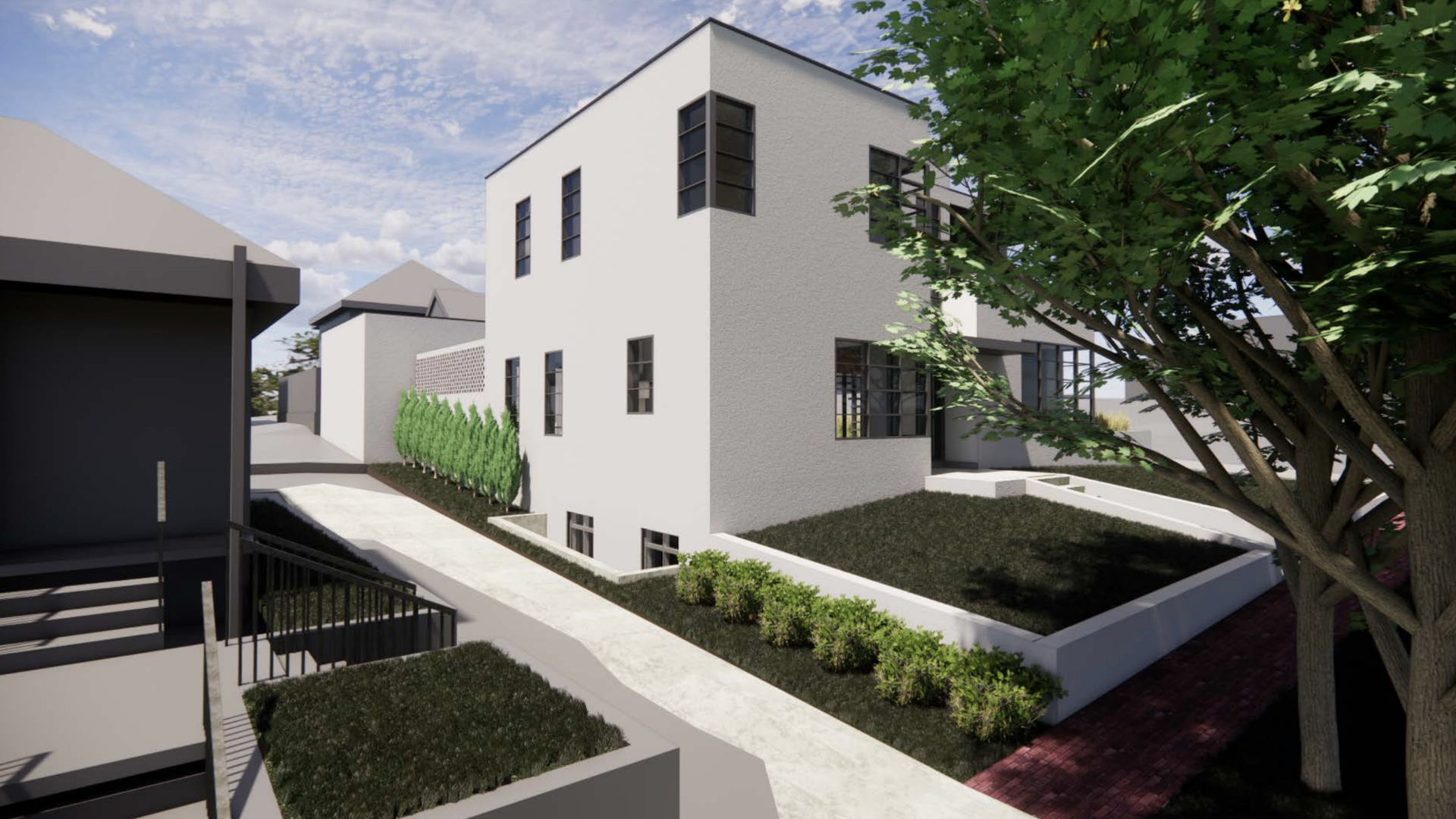 Modern two-story white house with large black-framed windows, surrounded by green shrubs, a tree with dense leaves, a concrete pathway, and a blue sky with scattered clouds.