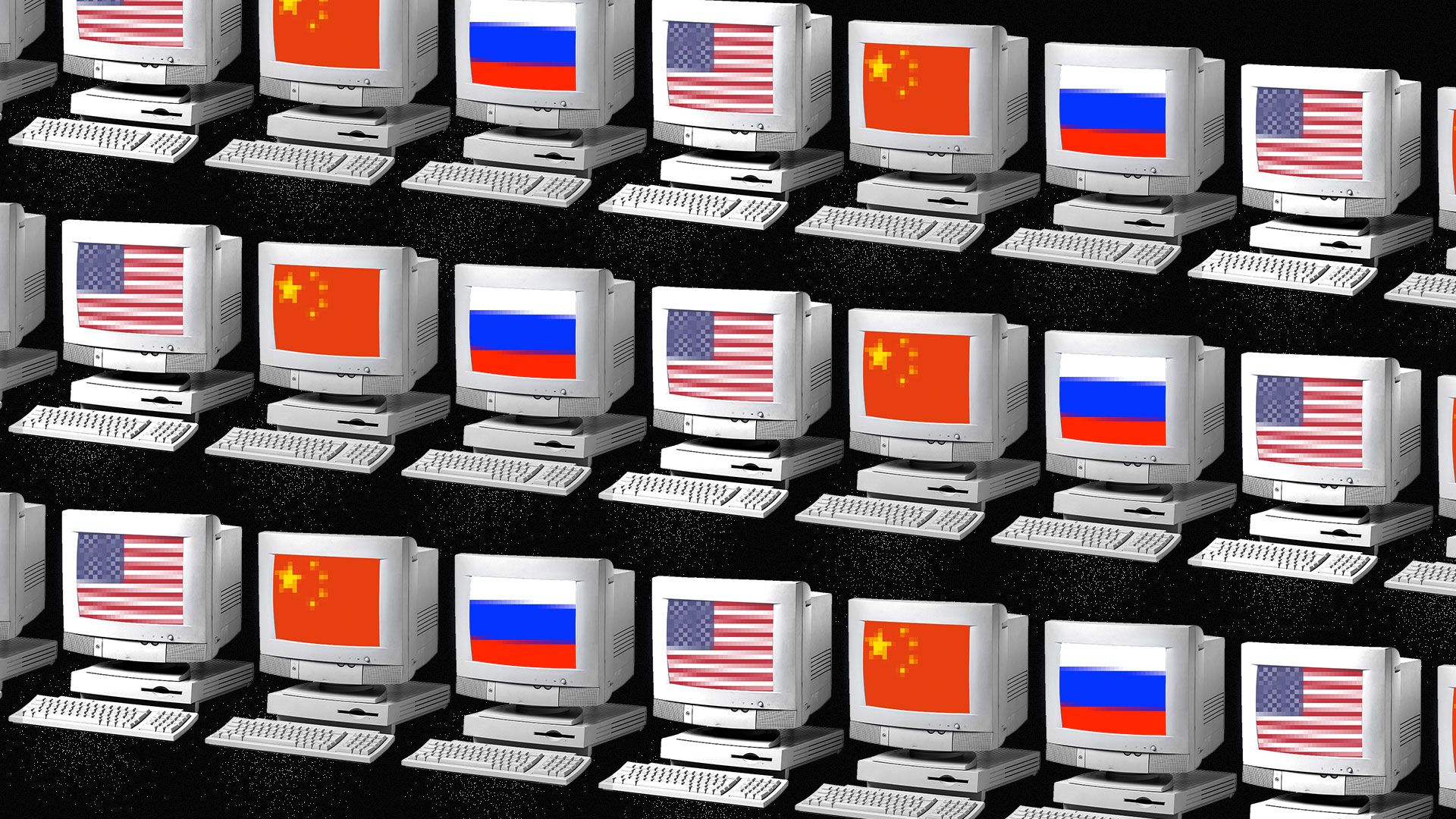 Computer screens with the Russian, Chinese and American flags on the monitor