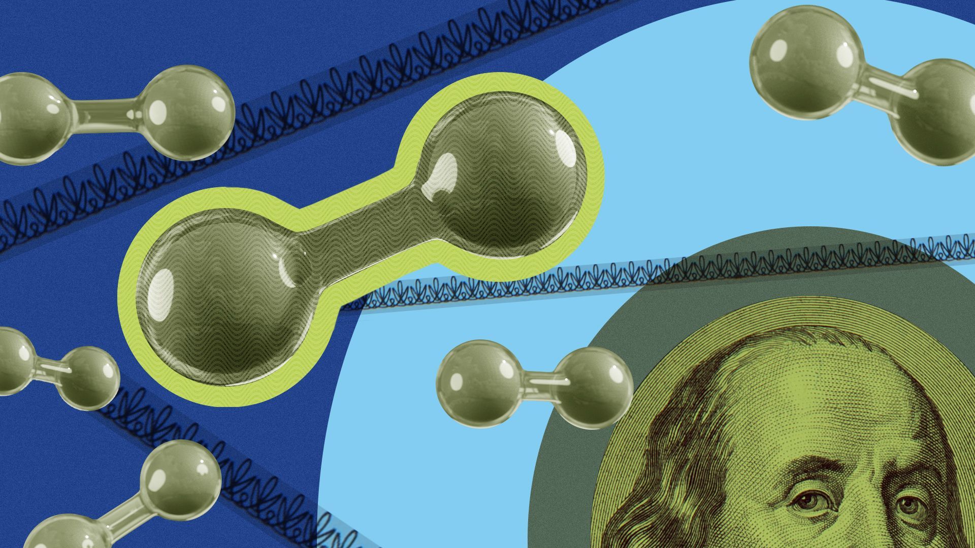 Illustration of hydrogen molecules surrounded by dollar elements and abstract shapes