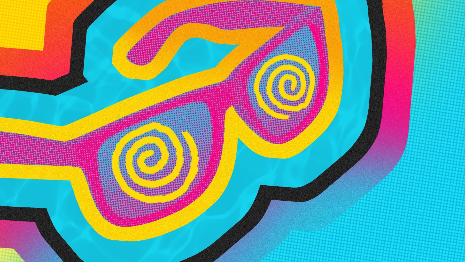 Illustration of a pair of sunglasses with swirly sun-like patterns in them on a background of different colored layers and textures