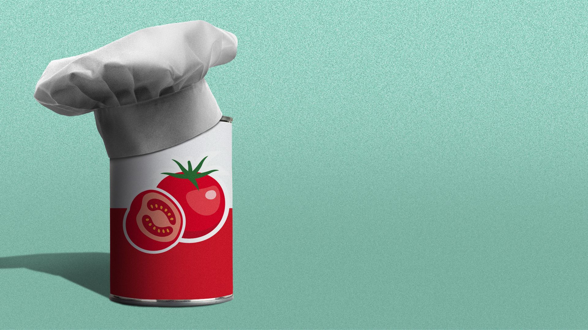 Illustration of a can of tomatoes wearing a chef's hat.