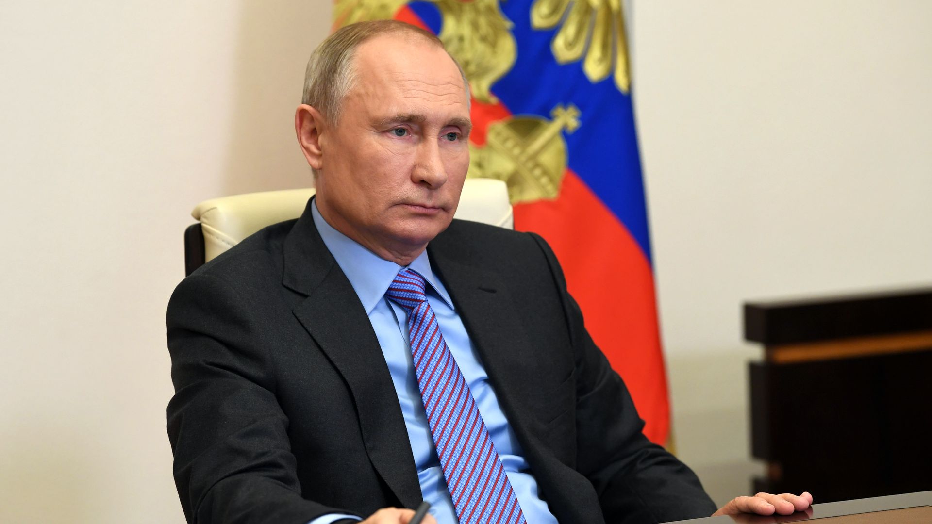 Russia's President Vladimir Putin takes part in a social forum of the United Russia Party via video link from the Novo-Ogaryovo residence.