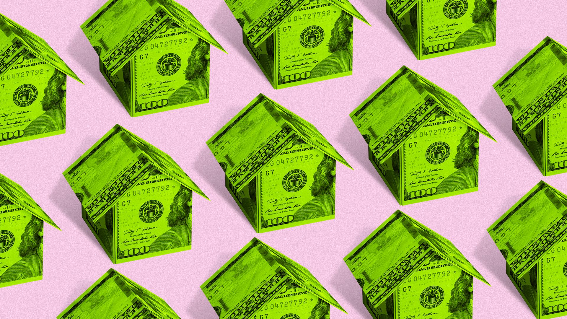 Illustration of a pattern of houses made of money.