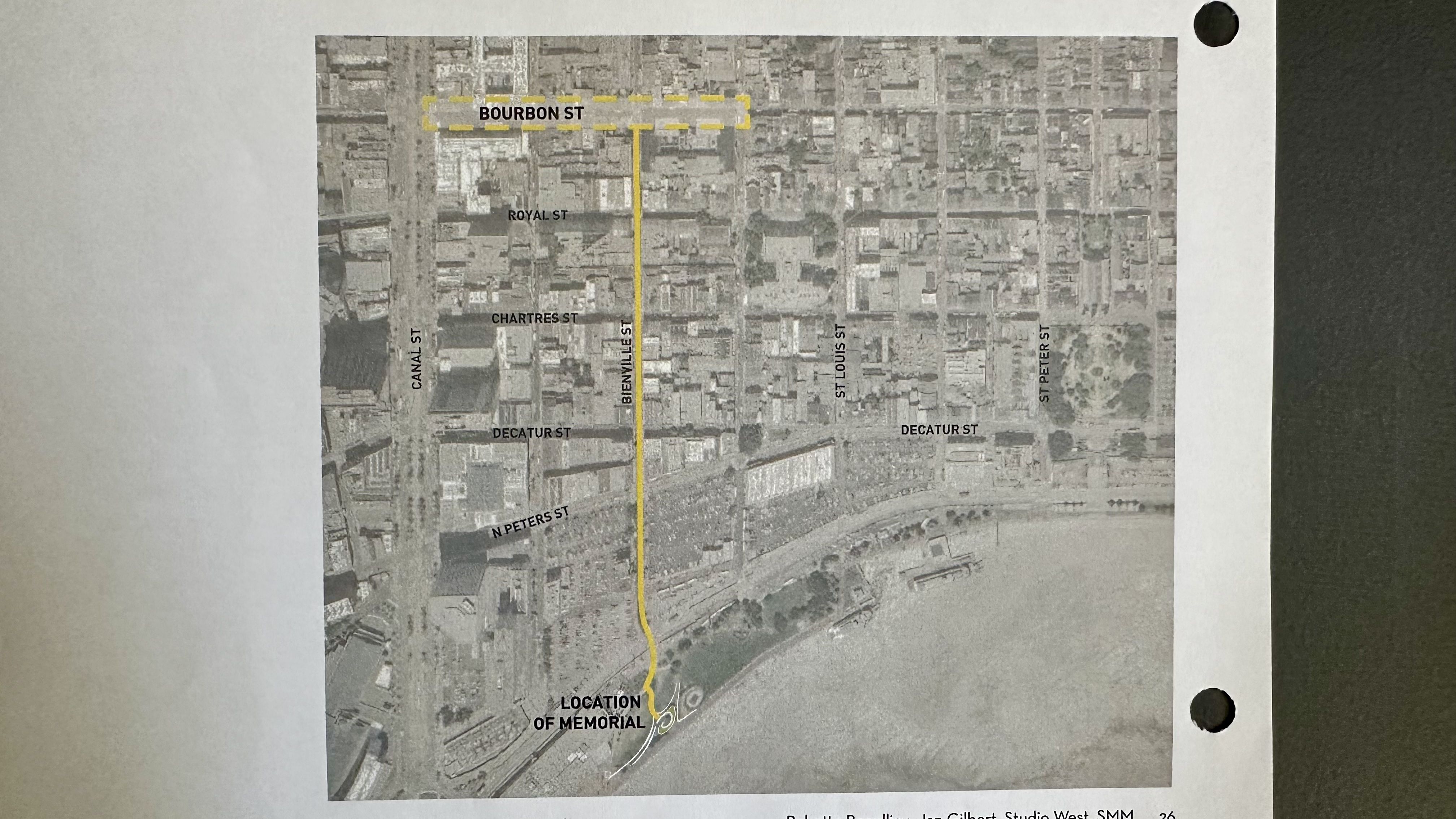 Grayscale map with a highlighted yellow route along Bourbon St and Bienville St, crossing Chartres and Decatur Sts; labels include Canal, Royal, St. Louis, St. Peter, and memorial near bottom.
