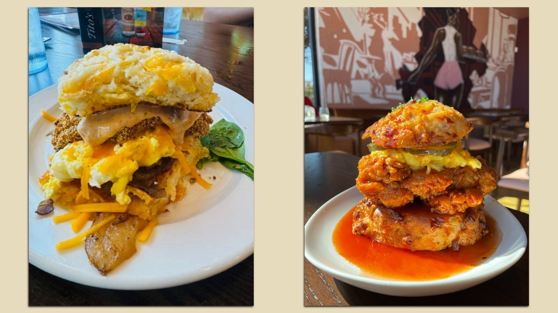 Two stacked sandwiches on white plates: left has cheddar, scrambled eggs, fried chicken, and a biscuit; right has fried chicken, scrambled eggs, pickles, spicy sauce, and a cheesy biscuit.
