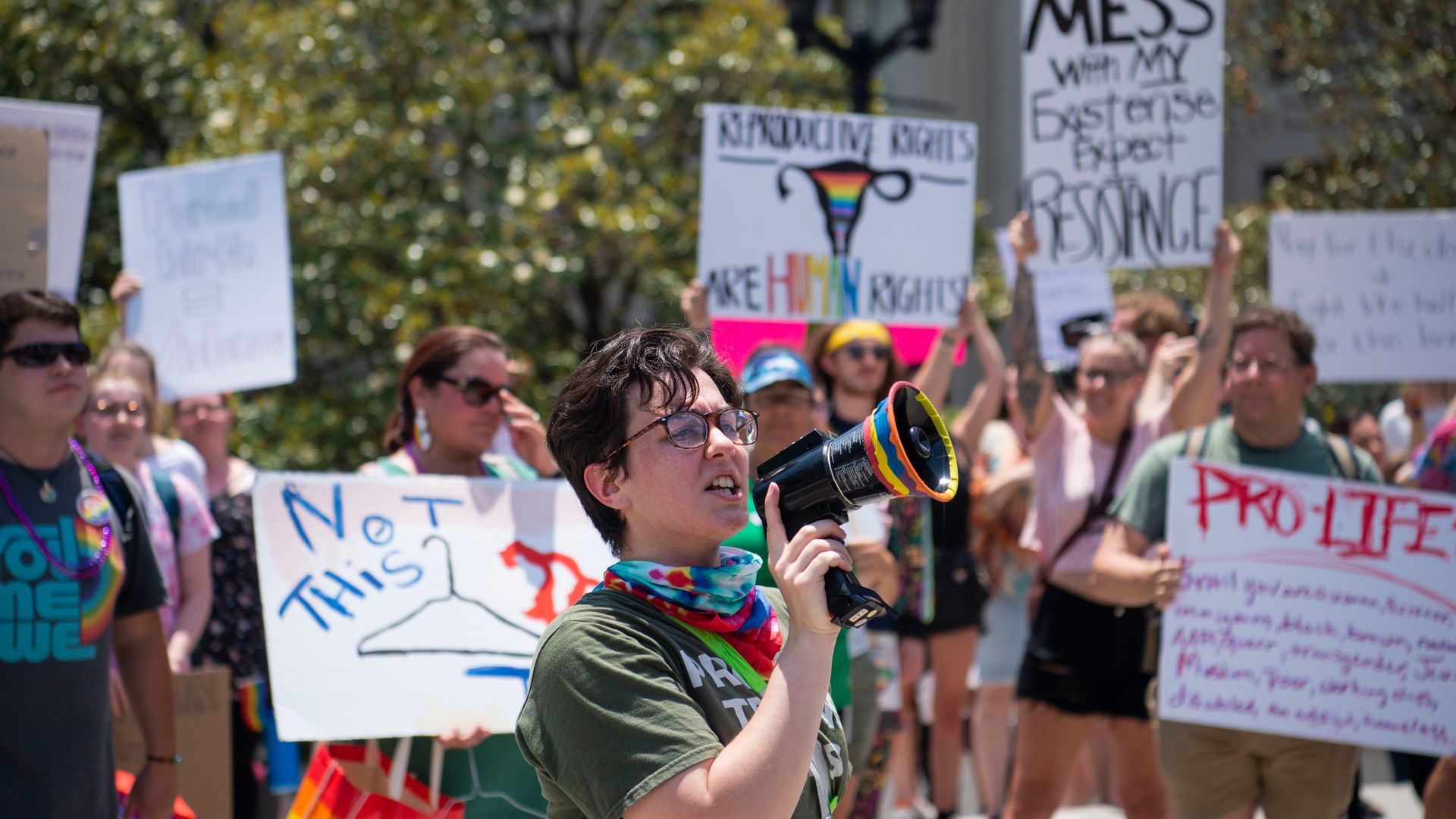 Protestors rally after Nashville Pride Fest on Saturday.
