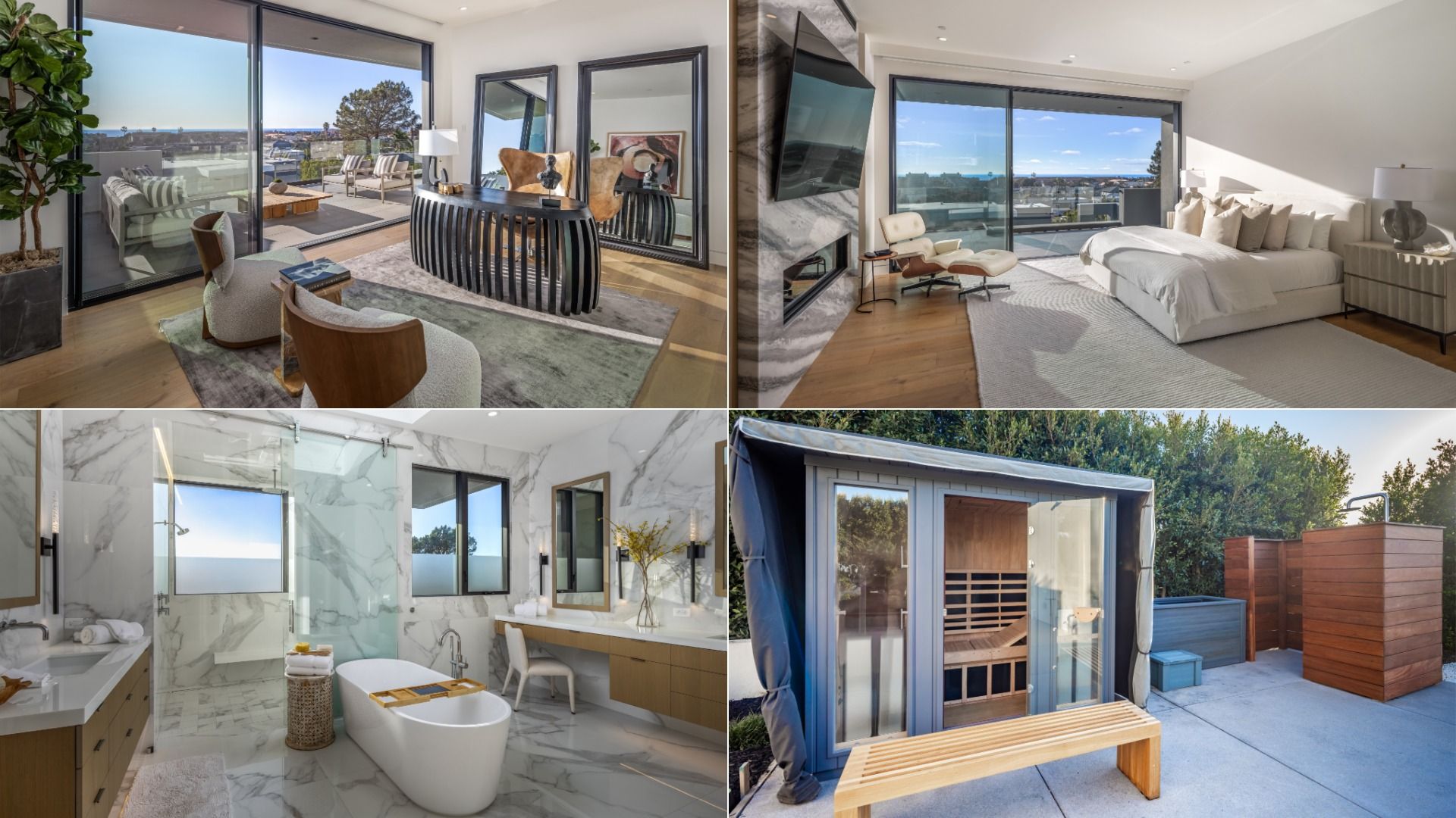 Collage of a luxury home: top left living room with glass doors and ocean view; top right white bedroom with windows; bottom left marble bathroom with freestanding tub; bottom right outdoor sauna.