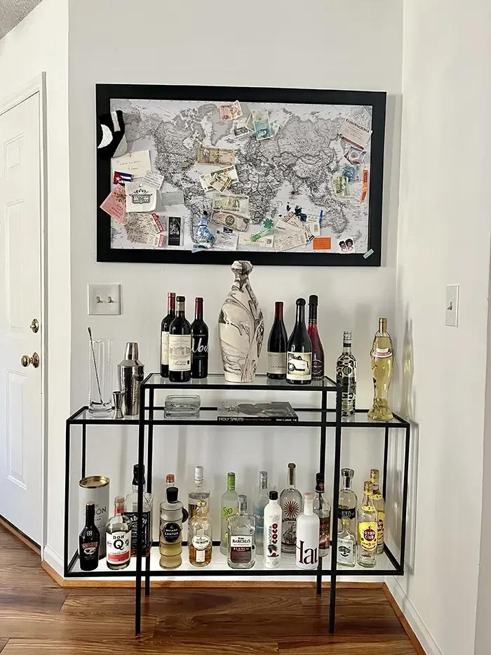 Eboney Foster plaza midwood apartment home tour bar cart and travel corner