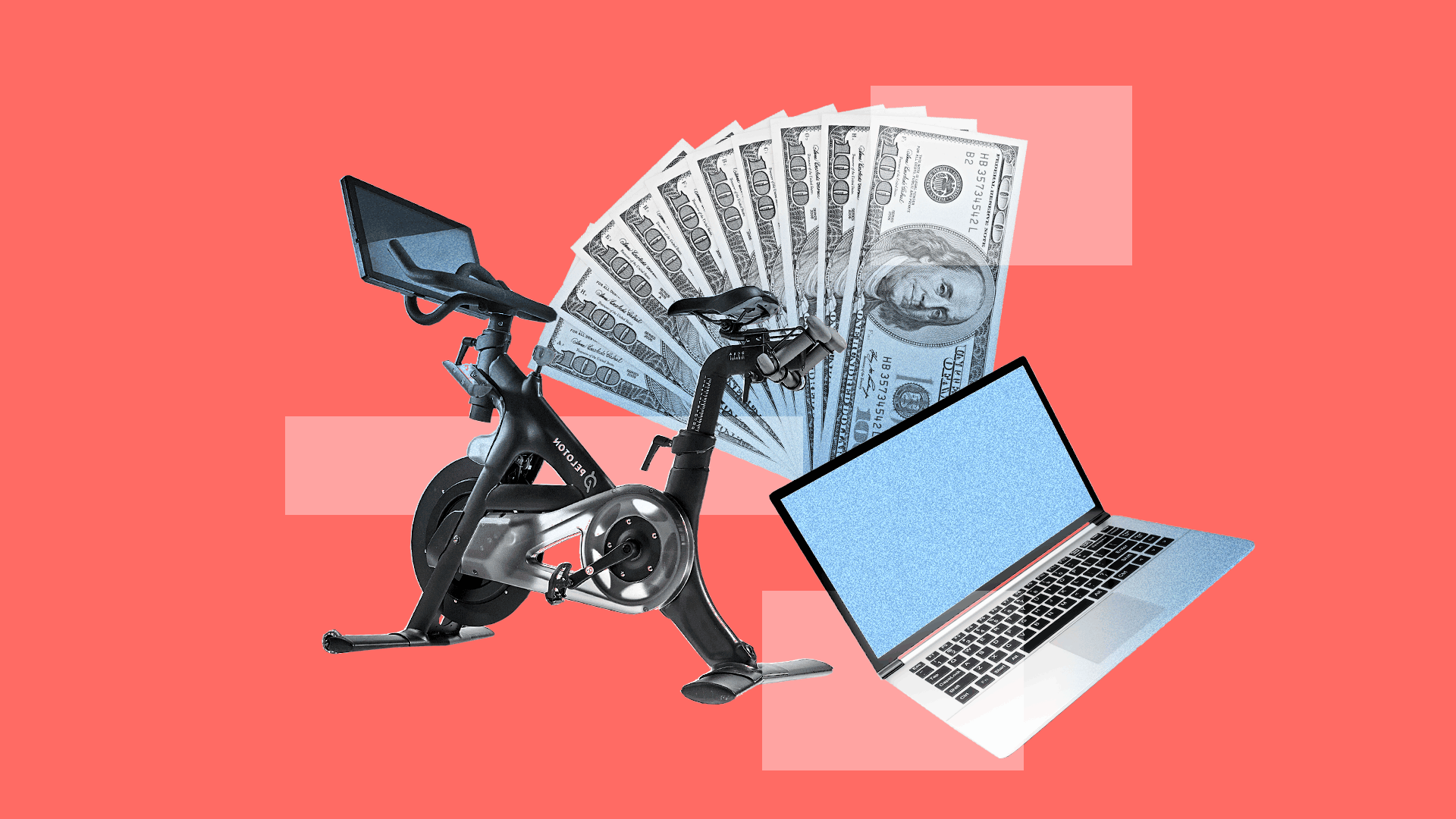Illustrated collage of a Peloton bike, a laptop and a fan of cash.
