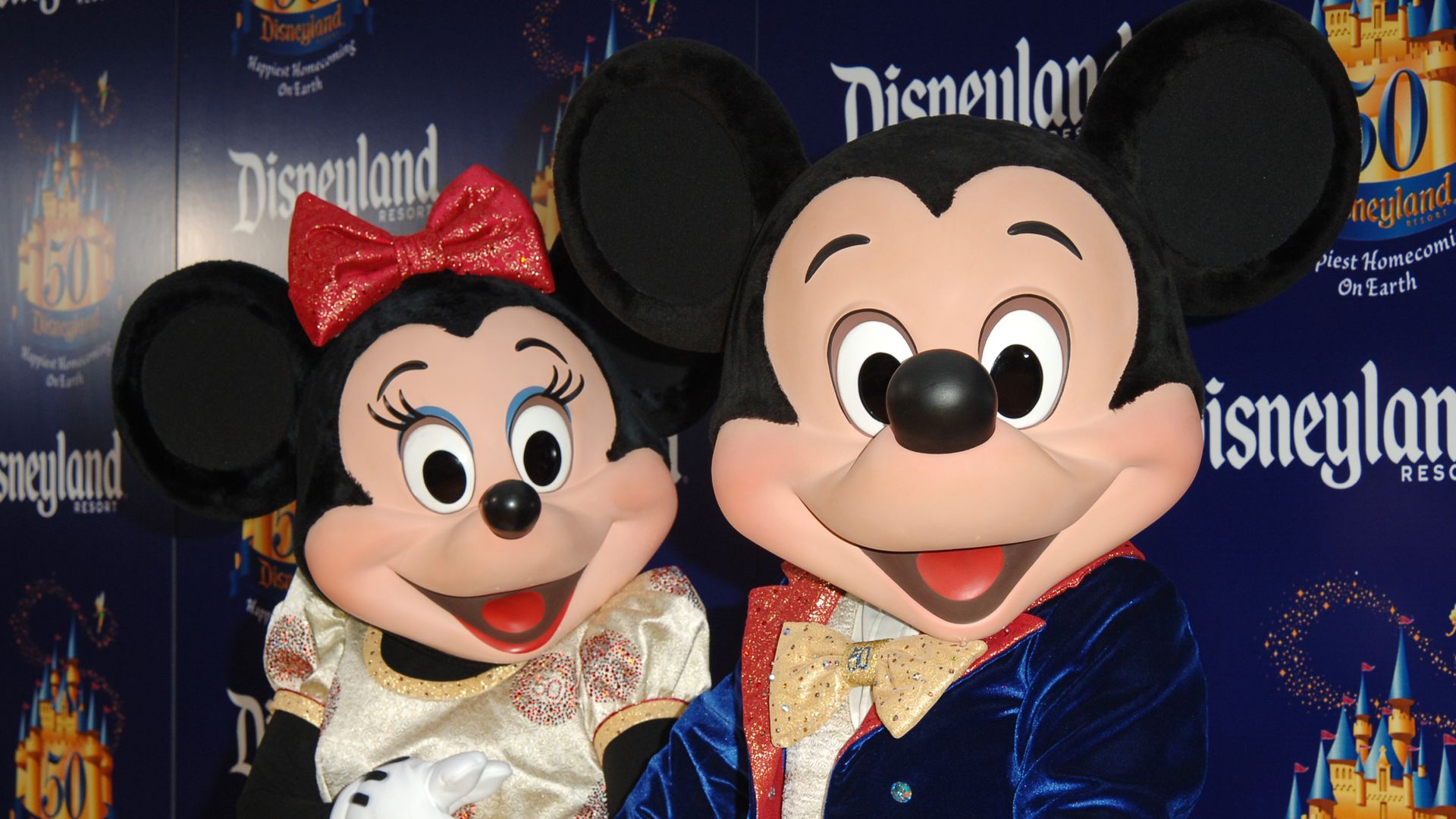 Minnie Mouse and Mickey Mouse during Disneyland 50th Anniversary "Happiest Homecoming on Earth" Celebration - Arrivals and Fireworks at Disneyland in Anaheim, California.