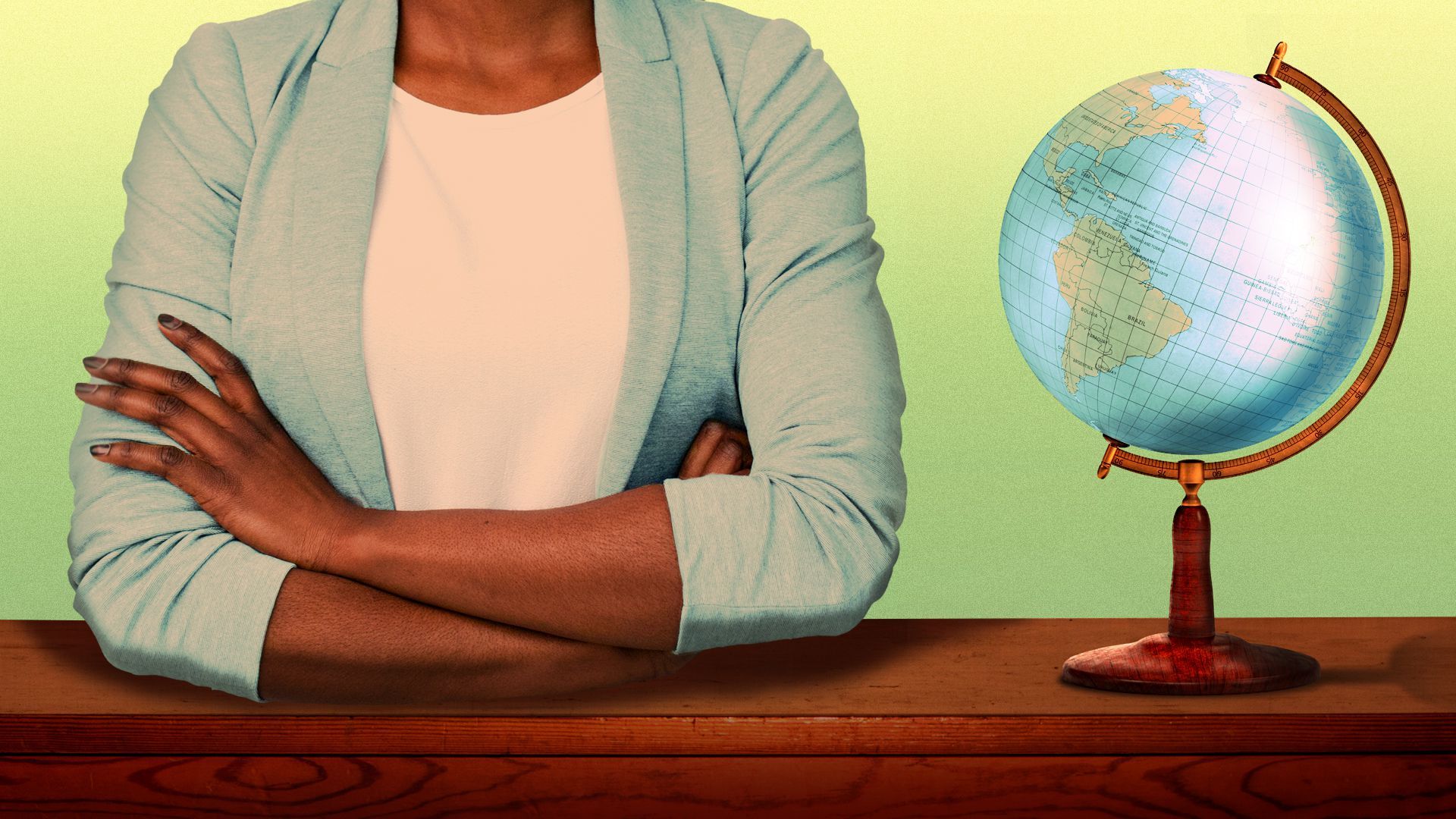 Illustration of a CEO sitting at a desk with arms crossed next to a globe