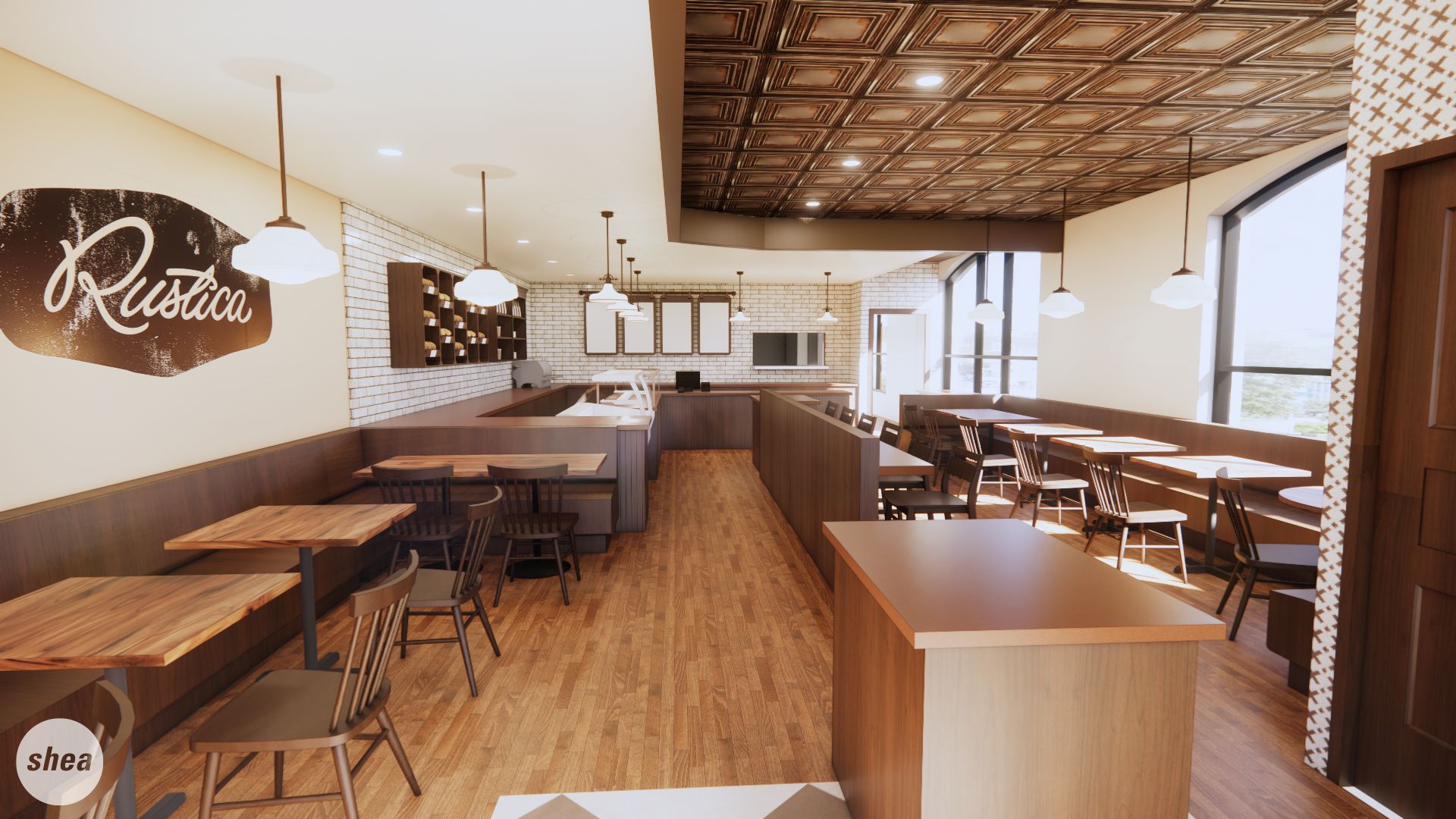 A rendering of Rustica Bakery, a room with white walls, wooden floors and tables and chairs.