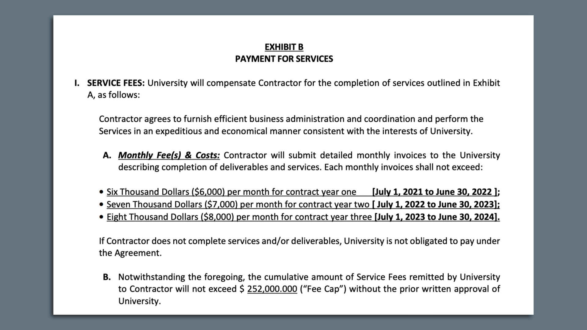 An unredacted page from a UT contract.