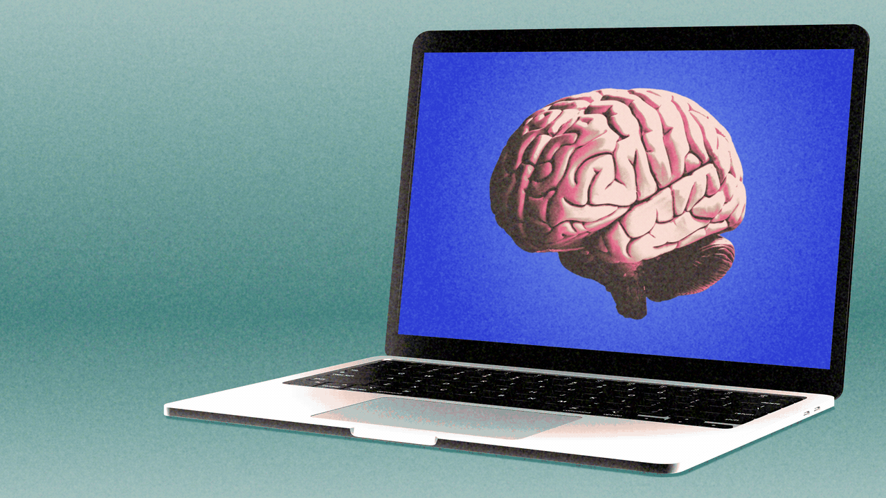 Animated illustration of a laptop with an image of a brain on it. The brain glitches and gives off sparks shaped like AI sparkles.