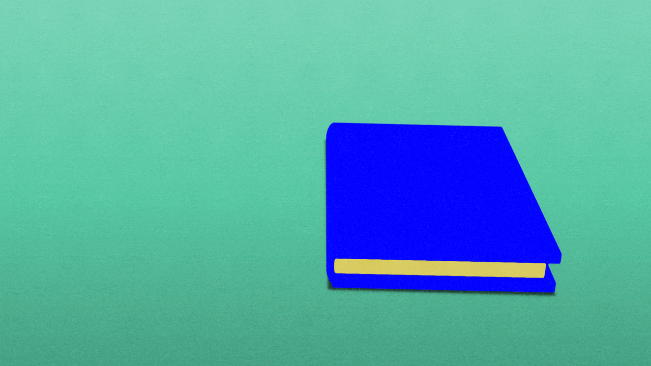 Animated illustration of a book that opens to a page about halfway through, where an event ticket is revealed.