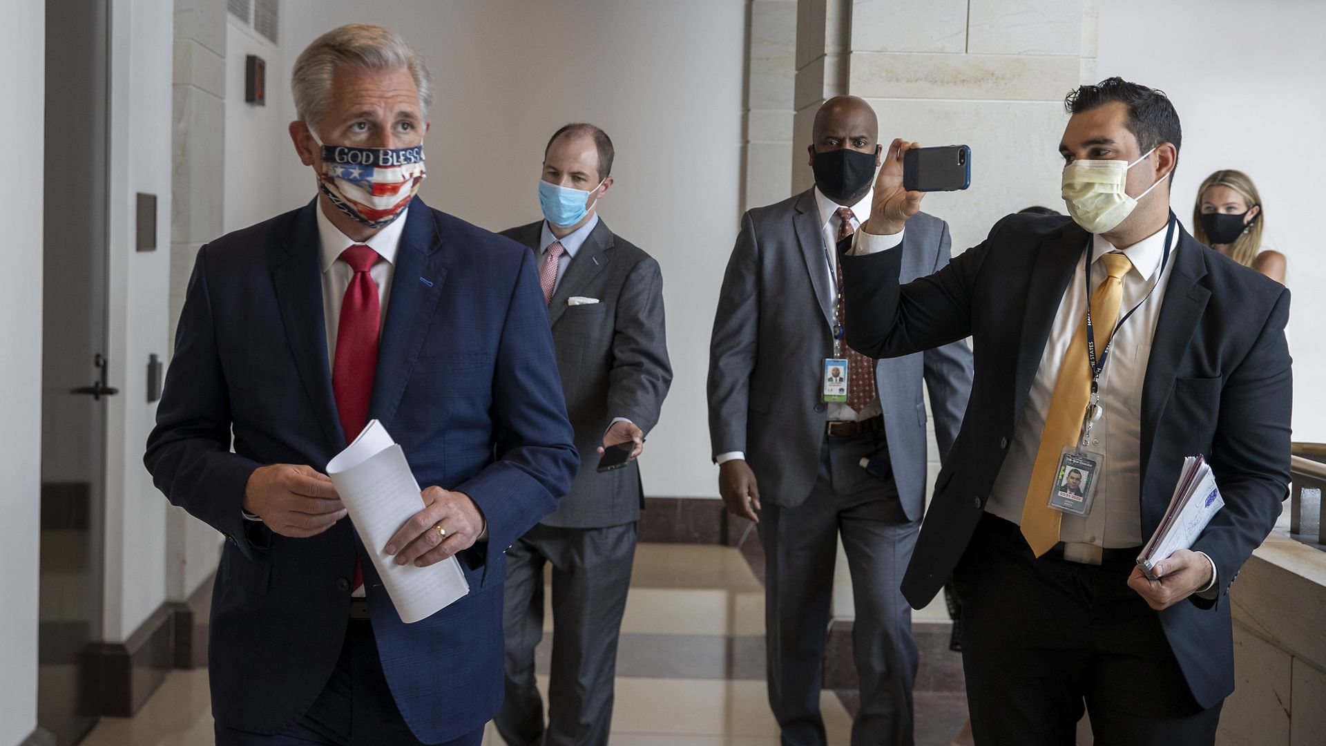 House Minority Leader Kevin McCarthy wearing a mask on July 2.