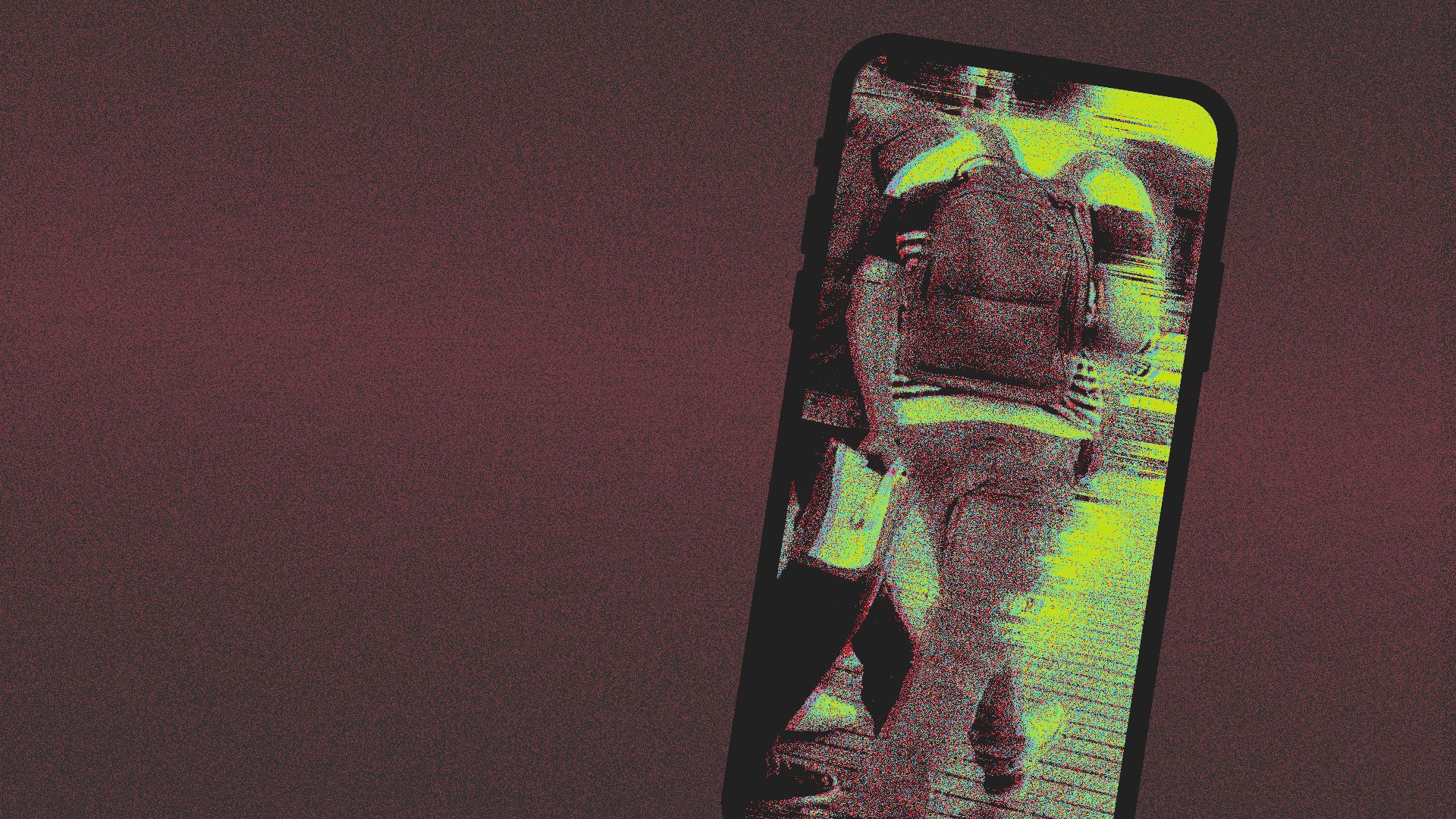 Illustration of a phone with a distorted image of a rear view of a high school student walking with a backpack.