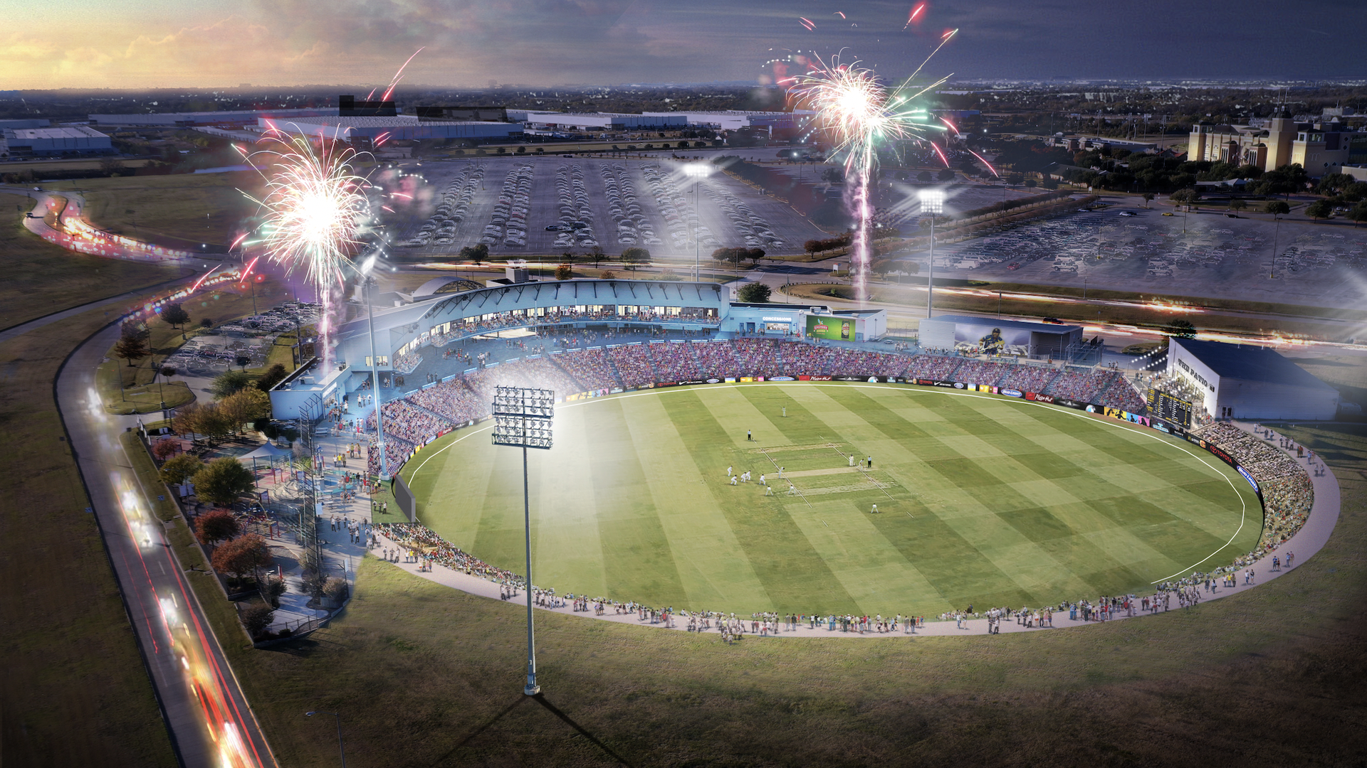 A rendering of a cricket stadium with fireworks