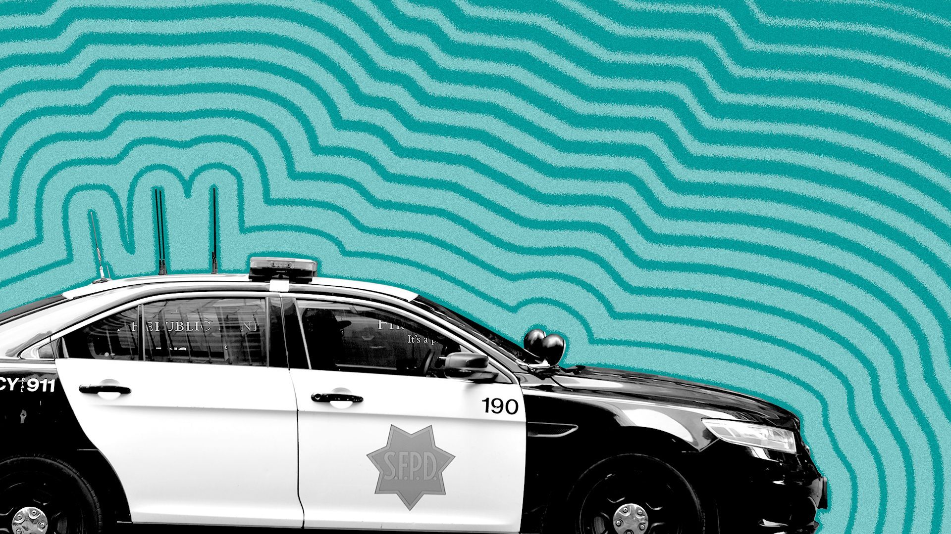Photo illustration of a San Francisco police car with lines radiating from it.