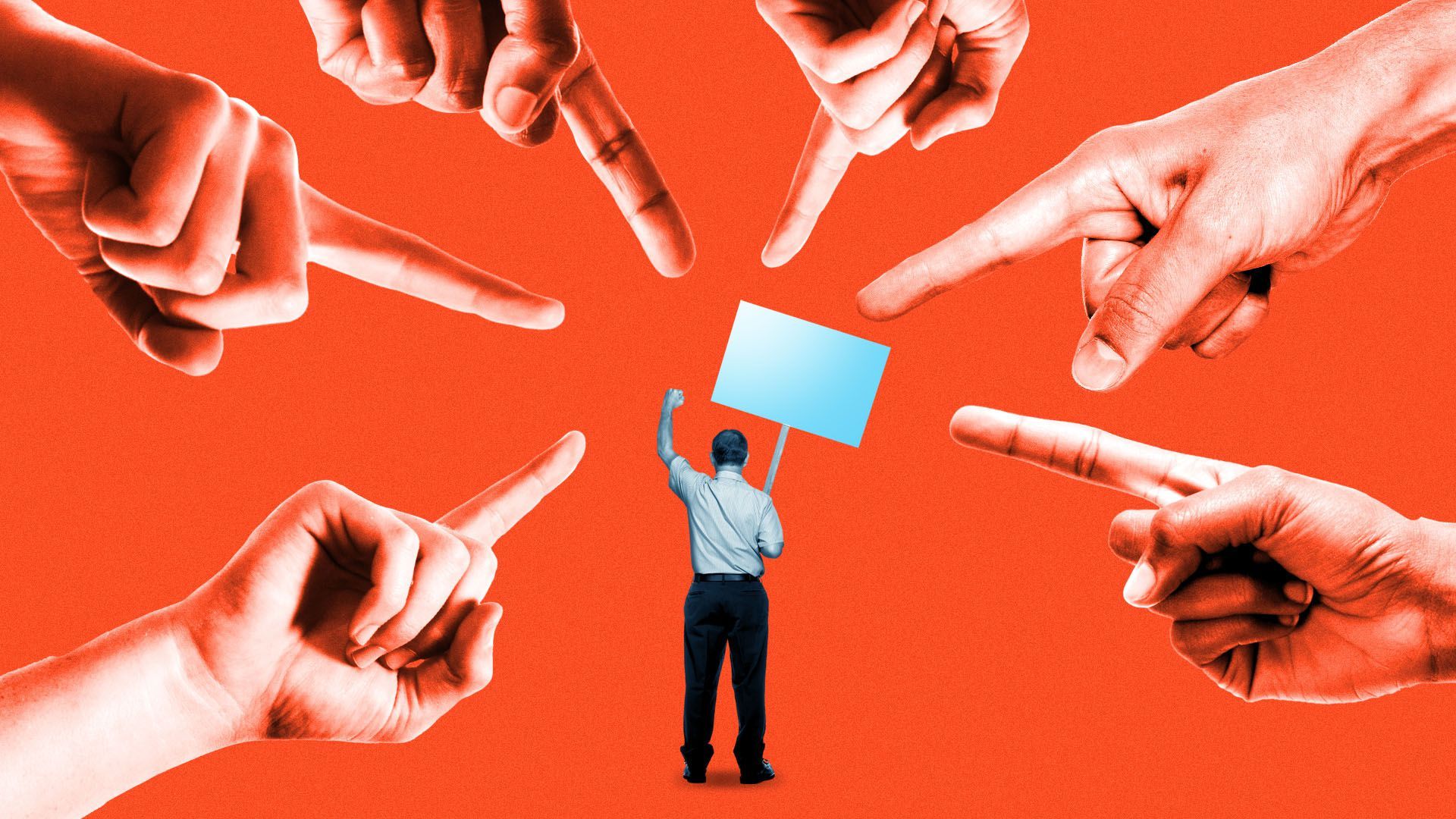 Illustration of a small activist surrounded by large pointing fingers