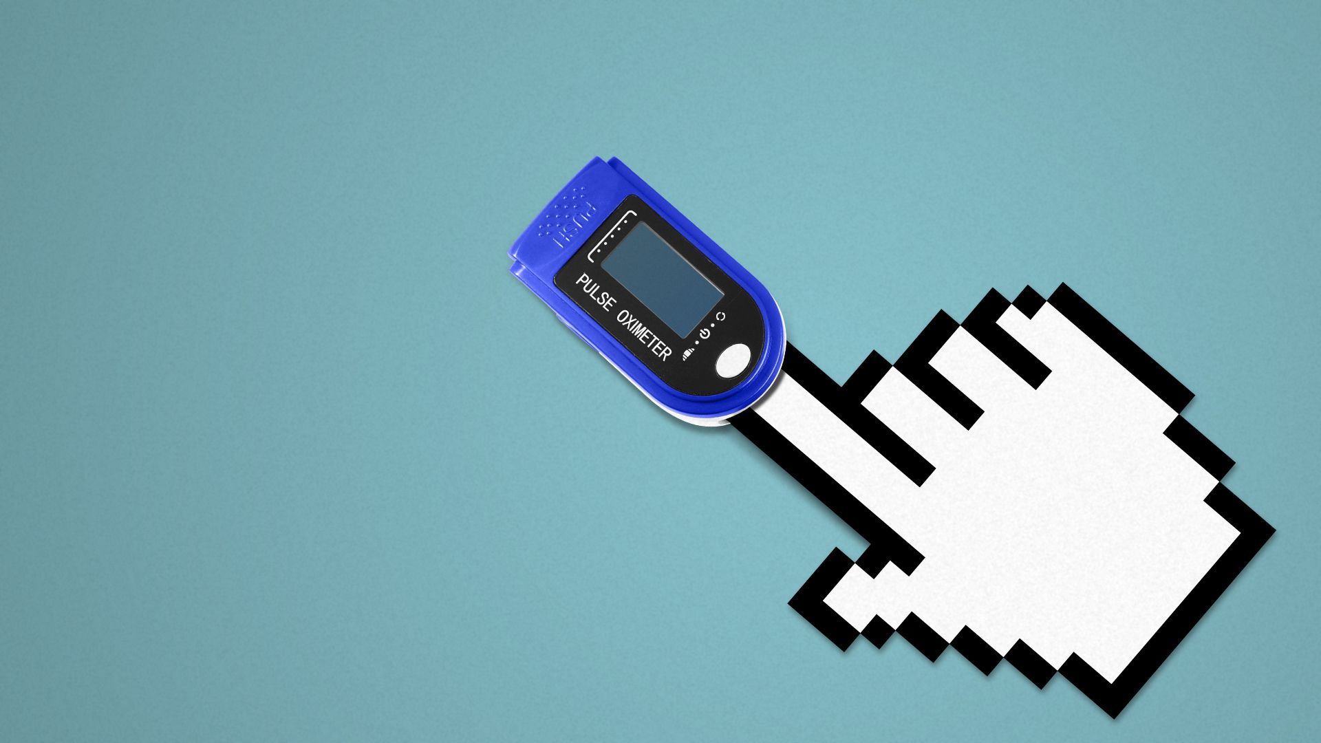 Illustration of a pulse monitor on the finger of a computer hand cursor.
