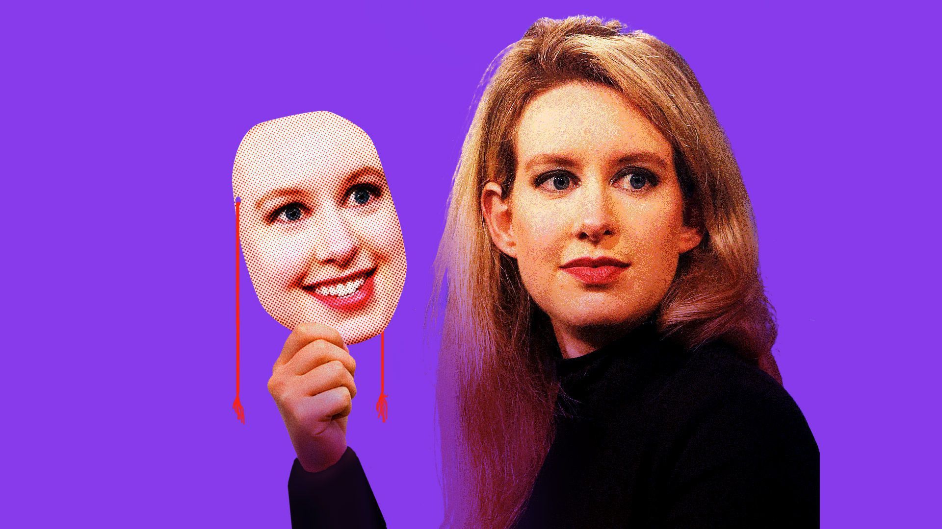An illustration of Elizabeth Holmes holding up her own face mask.