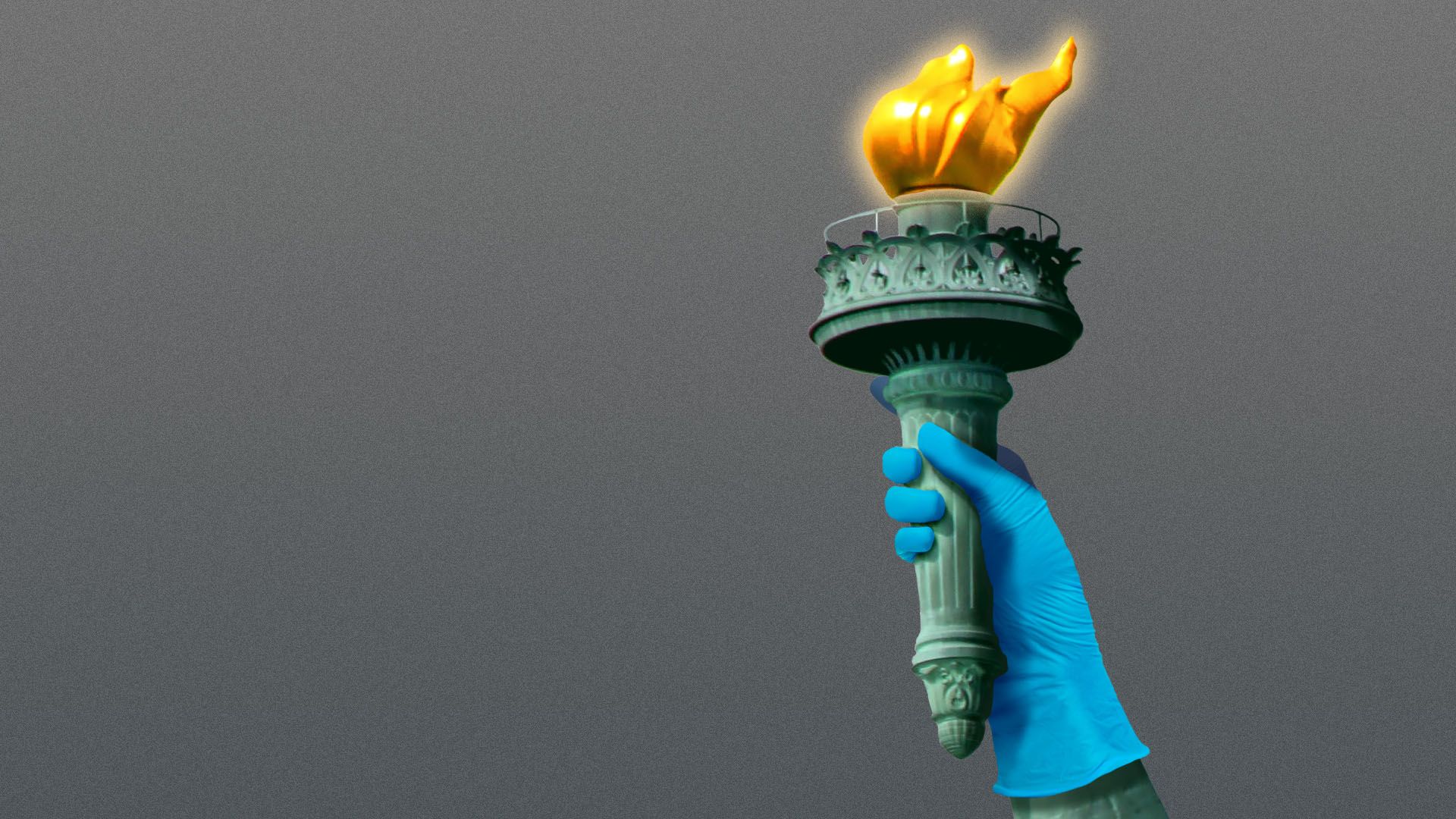 Illustration of the hand of the statue of liberty wearing a medical glove