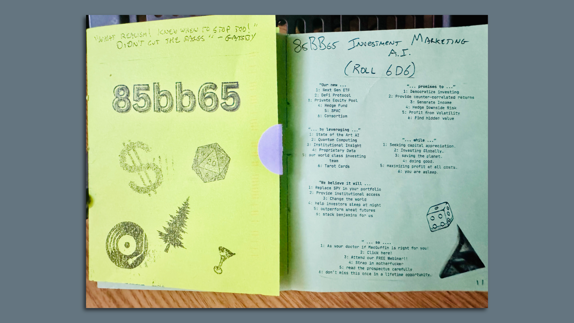 A zine that reads "85bb65"