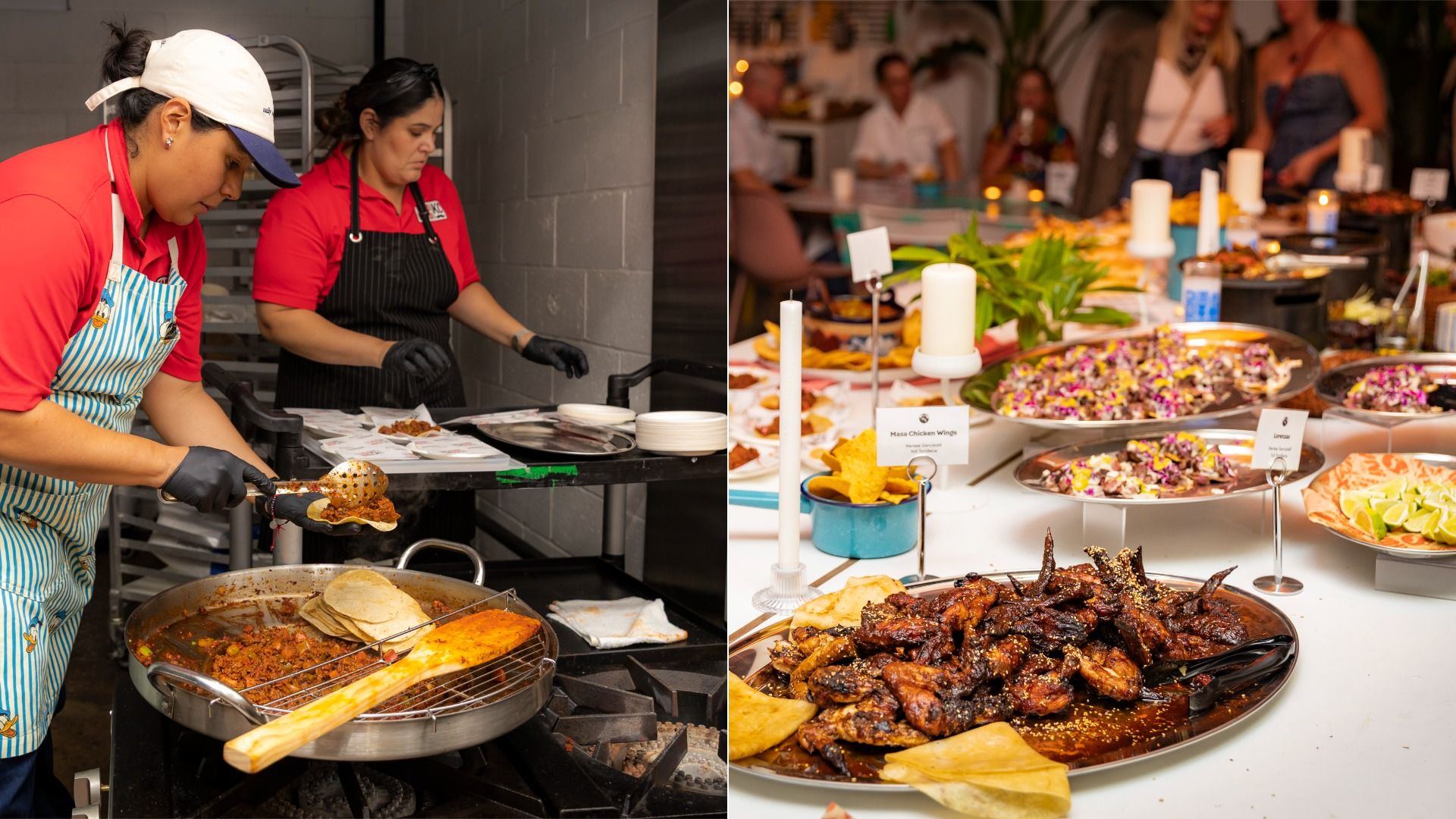 Taco Naco’s Fernanda Reyes (left) preps tacos de discada for Tuesday’s Anti-ICE Supper Club at Yoli Tortilleria, where eight local restaurants served a spread (right) benefiting AIRR.